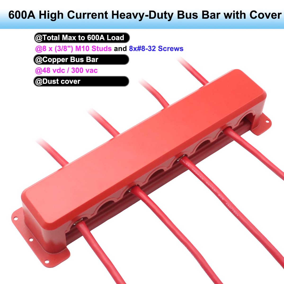 Gloaso 600A Copper Bus Bar Power Distribution Block Heavy Duty 8 X 3/8'' Posts Terminals Distributor Connecting Blocks 12V  48V