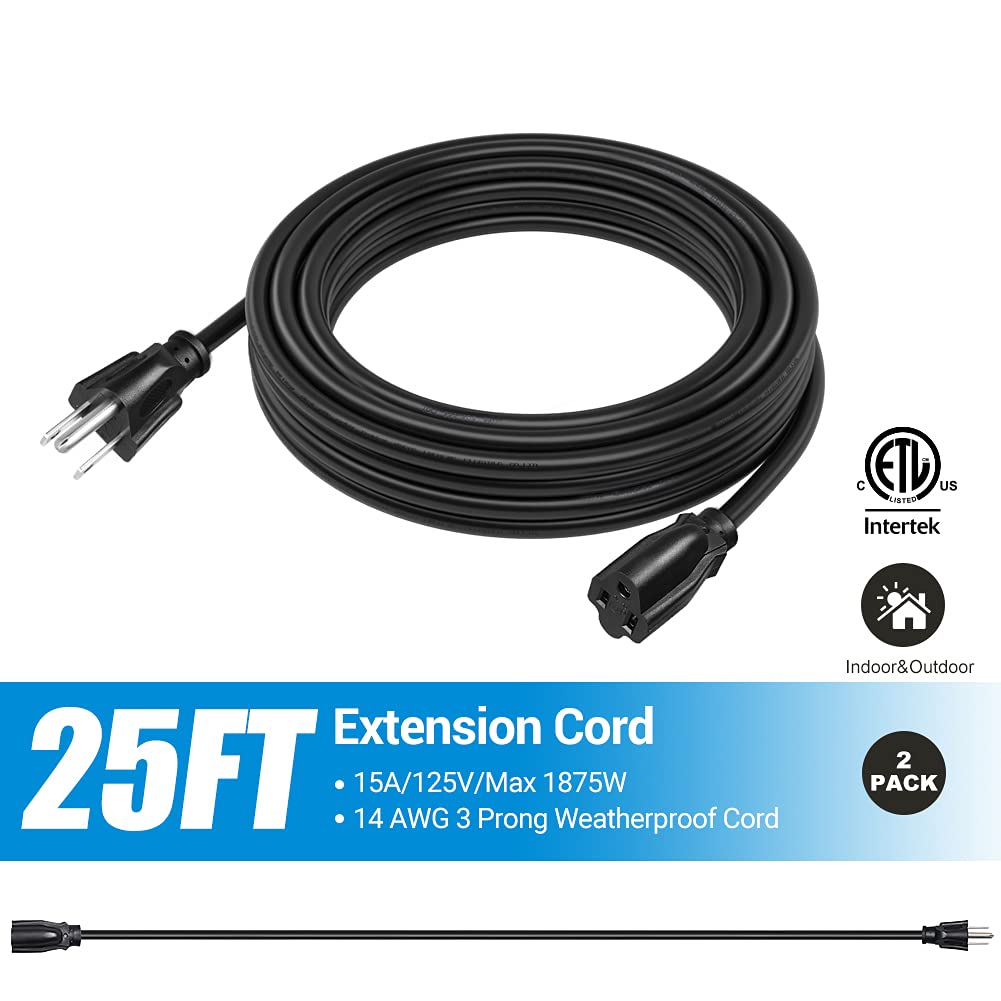 Dewenwils Outdoor Extension Cord 25Ft, Waterproof Power Cord For Indoor Outdoor Appliances, 14/3 Sjtw, Black, Etl Listed, 2 Pack
