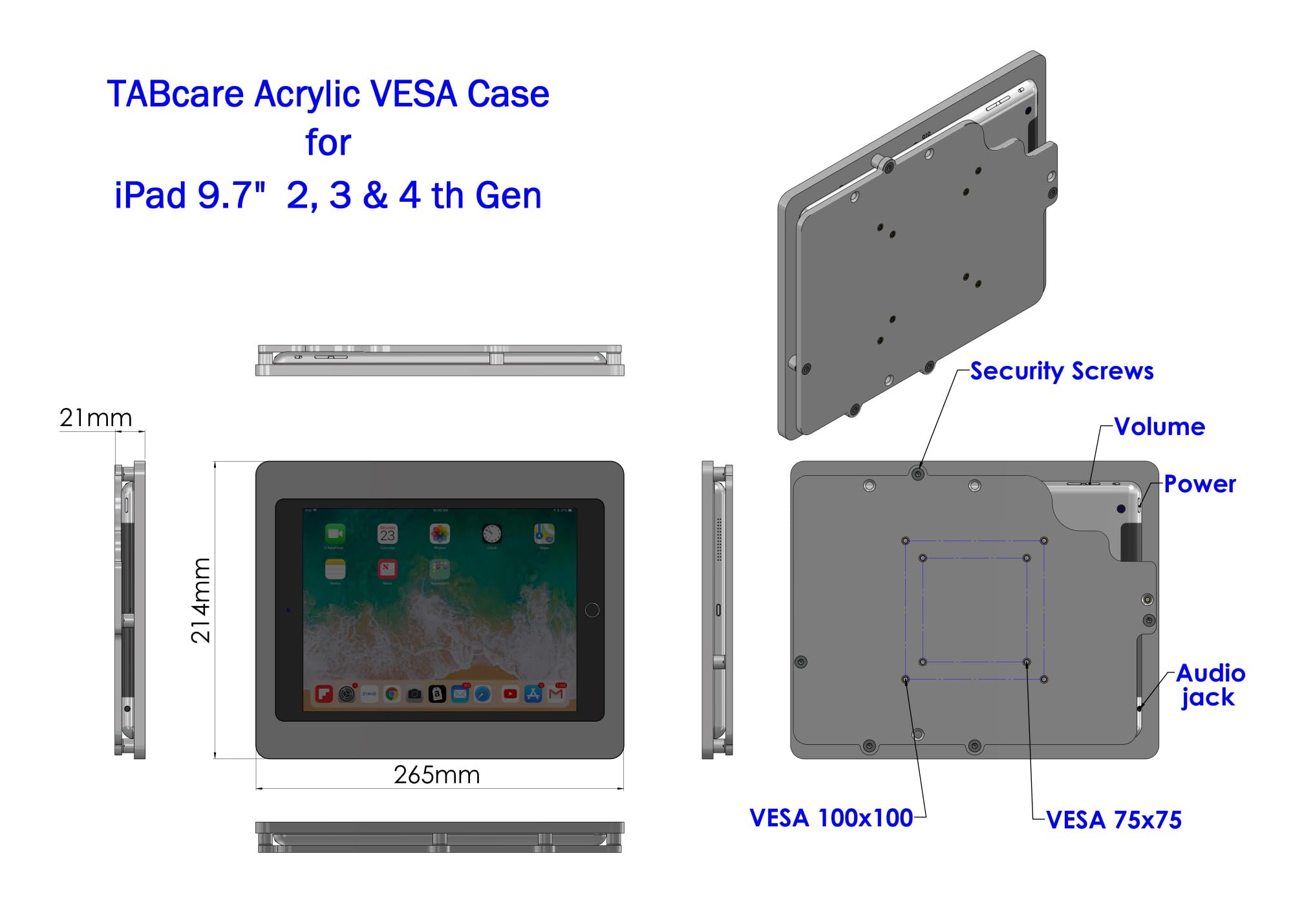 Tabcare Anti Theft Acrylic Vesa Enclosure For Apple Ipad 2/3/4 9.7' With Free Wall Mount Kit & 90 Degree Angle Charge Cable (Ipad 2/3/4 9.7', Black)