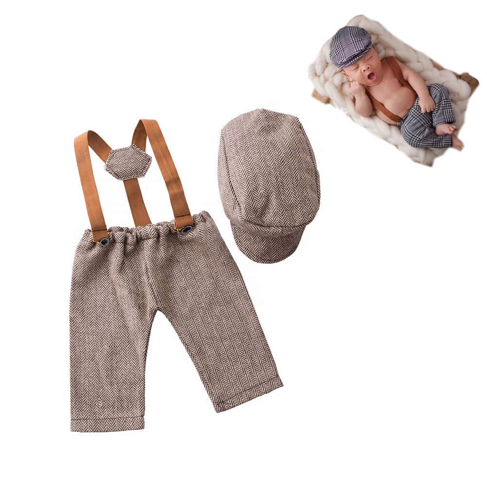 Newborn Monthly Baby Photo Props Stripe Cool Boys Cap Rompers Photography (Coffee)