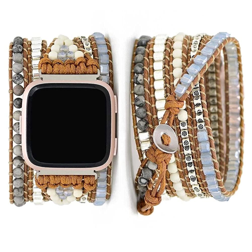 Somesame Compatible With Fitbit Versa/Versa 2/Versa Lite/Versa Se Bands Boho Beads Bracelets,Multilayer 5 Wraps Chakra Leather Handmade Braided Natural Stone Rope Watch Strap For Women Men