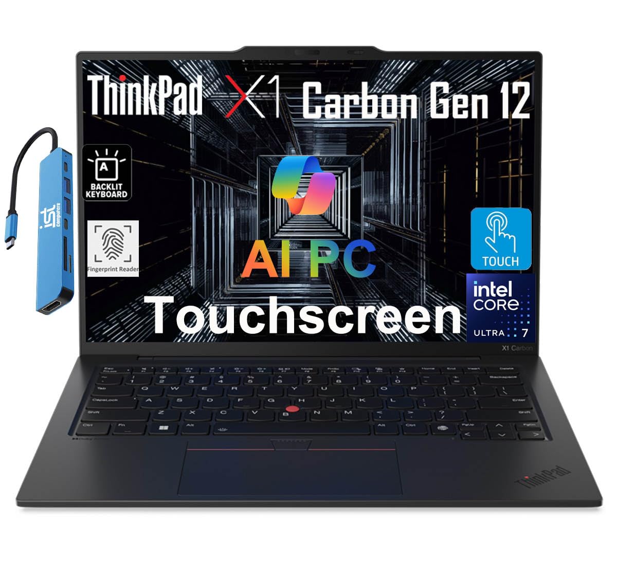 Lenovo Gen 12 ThinkPad X1 Carbon Laptop (14 FHD+ Touchscreen, Intel Core Ultra 7 155U, 32GB 6400MHz DDR5, 2TB SSD) Backlit, FP, 