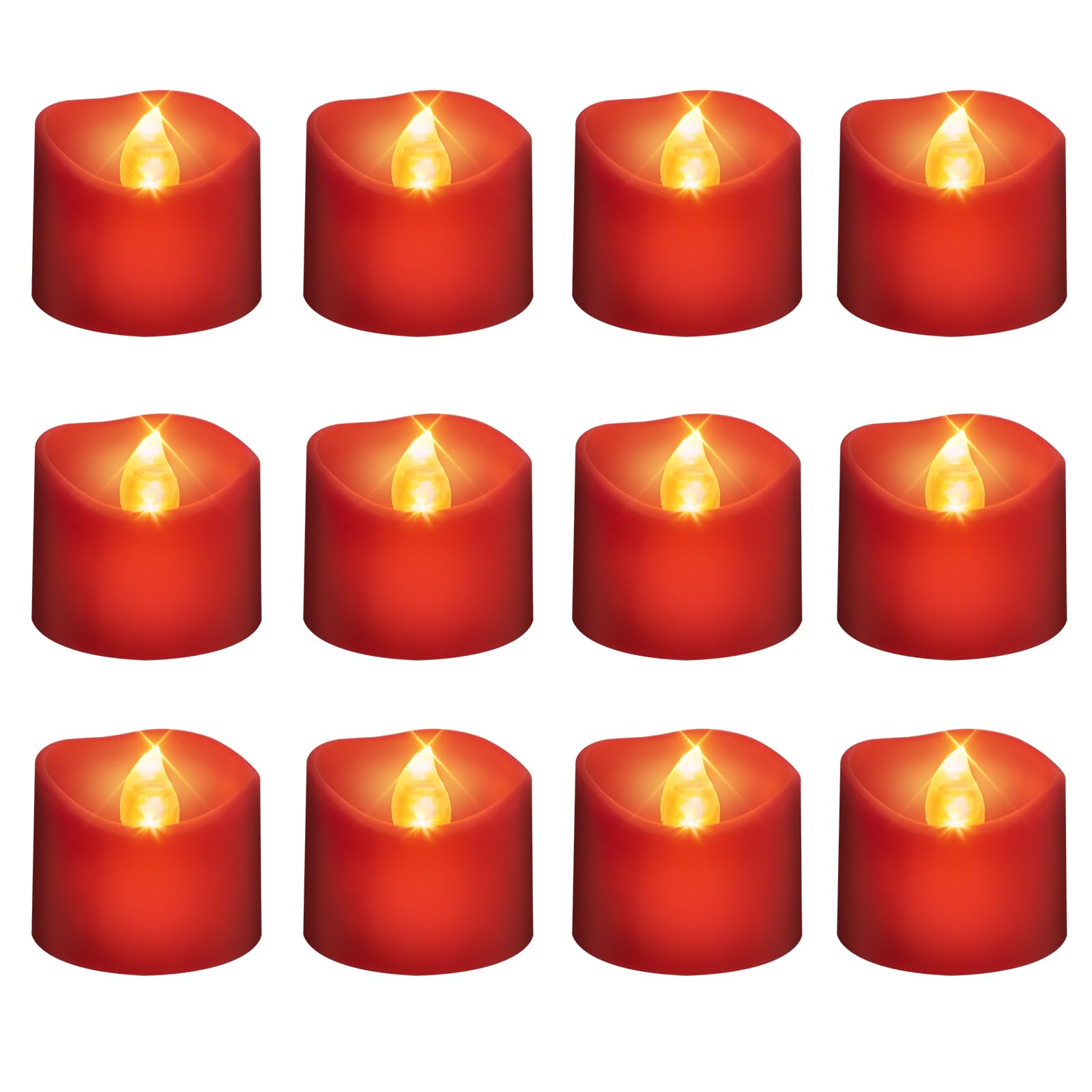 Windshell Red Base Warm White Flickering Flame LED Tea Lights, 6H Timer (No Remote), Battery Operated Flameless Tealight Candles