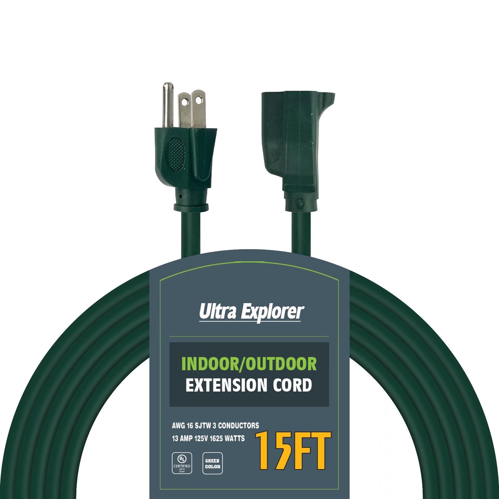 15 Ft 16/3 Indoor Outdoor Extension Cord Waterproof   16 Gauge 3 Prong Electric Cord, Sjtw, 13A 1625W 125V, Safe Extension Wire