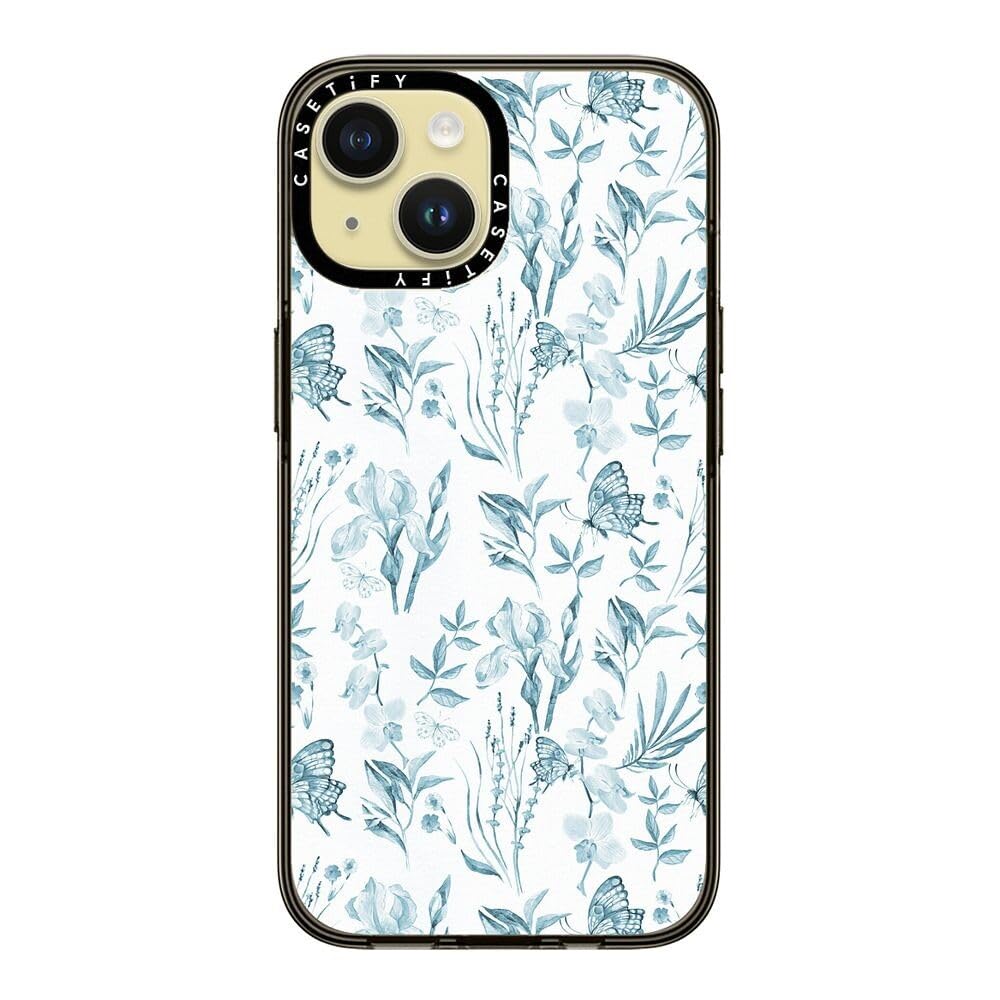 Casetify Compact Case For Iphone 15 [2X Military Grade Drop Tested / 4Ft Drop Protection]   Elegant Pastel Blue Vintage Butterfl