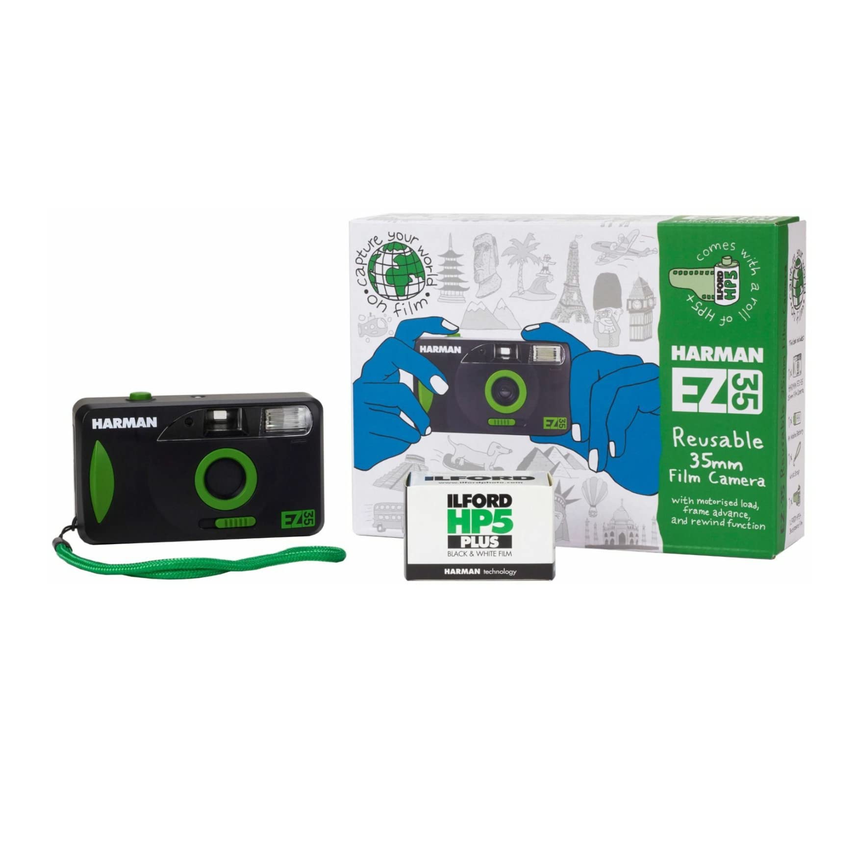 Ilford Harman Reusable Motorized Camera With Flash And Hp5+ 35Mm 36 Exposure Film Roll