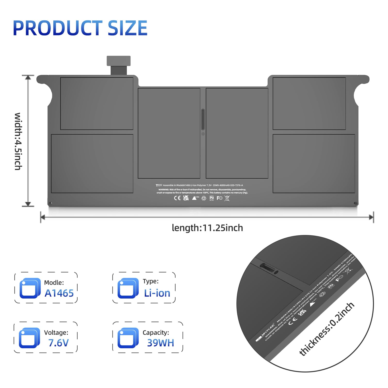 Yxkc A1465 Battery Replacement For Macbook Air 11 Inch A1406 A1370 A1495 Battery [Mid 2011 2012 2013 Early 2014 2015 Version] 39