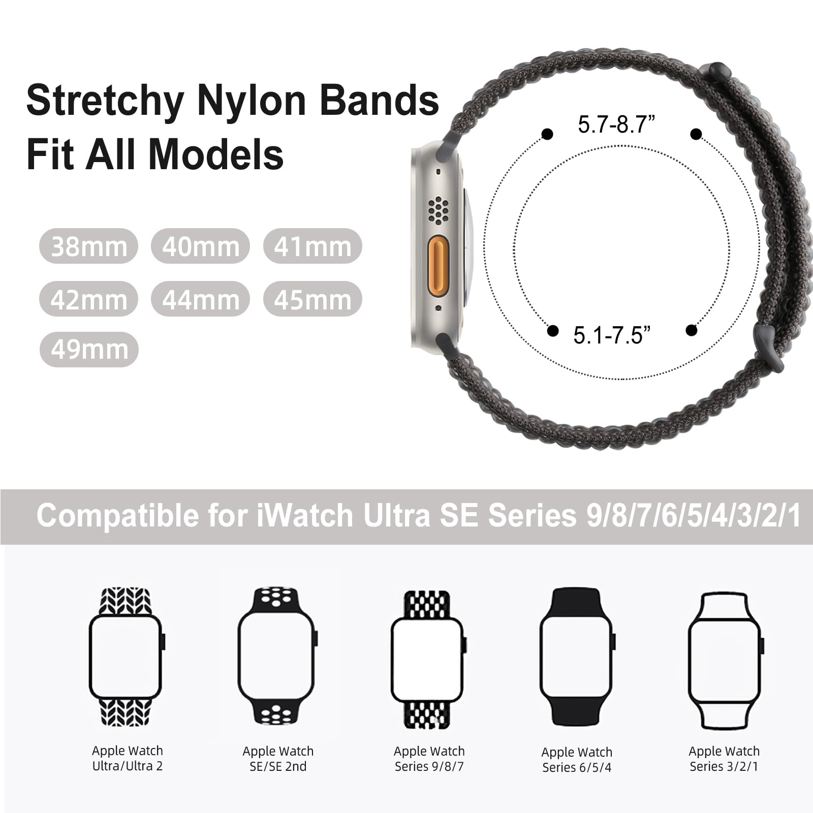 Nylon Sport Bands Compatible With Apple Watch Band 40Mm 41Mm 38Mm 42Mm 46Mm 44Mm 45Mm 49Mm Women Men, Adjustable Braided Stretch