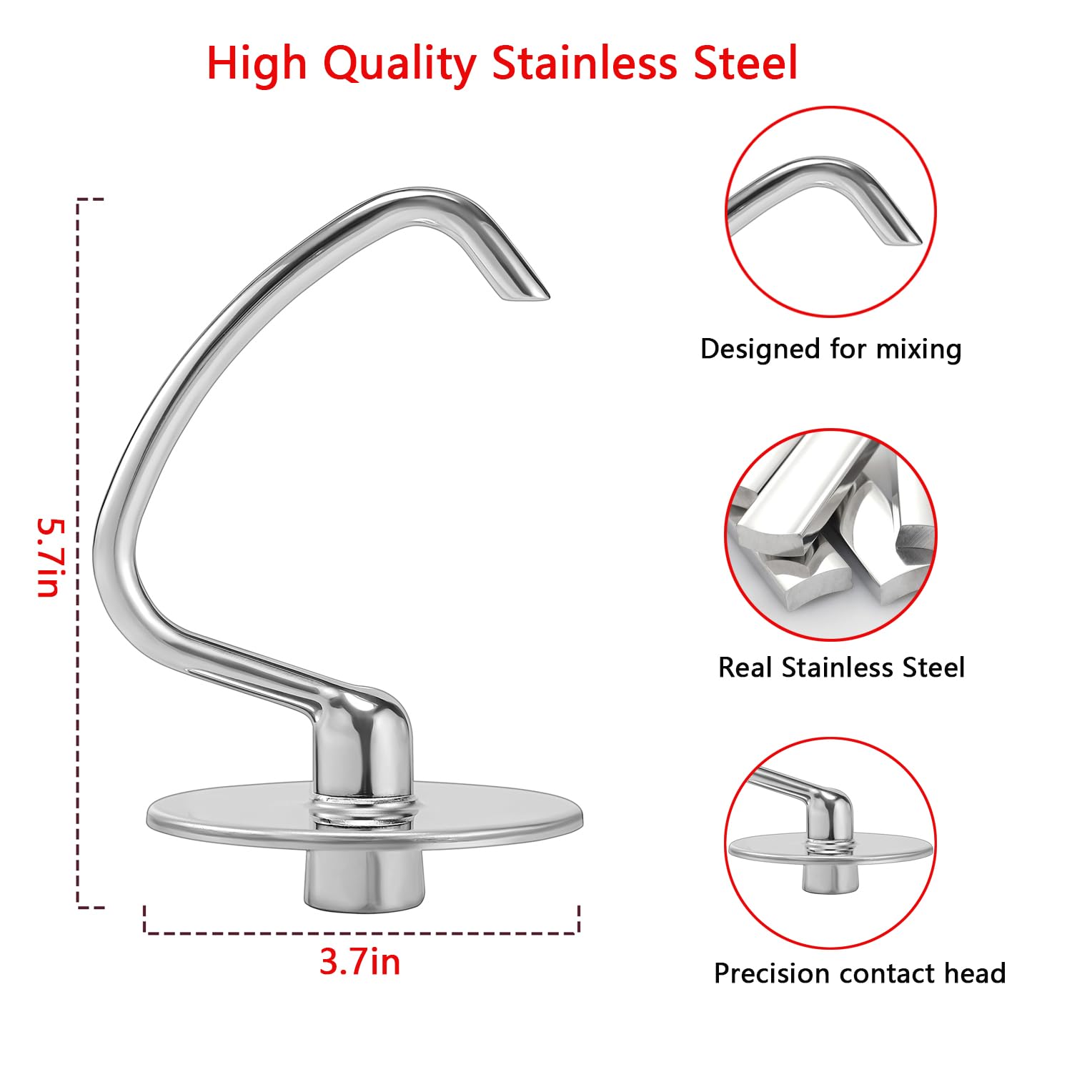 Stainless Steel Dough Hook For Kitchenaid 4.5 5 Quart Tilt Head Stand Mixers, Dishwasher Safe Metal Kneading Bread Hook Attachme