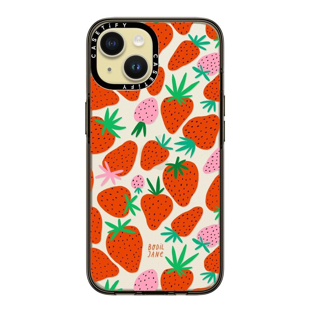 Casetify Compact Case For Iphone 15 [2X Military Grade Drop Tested / 4Ft Drop Protection]   Strawberries   Clear Black