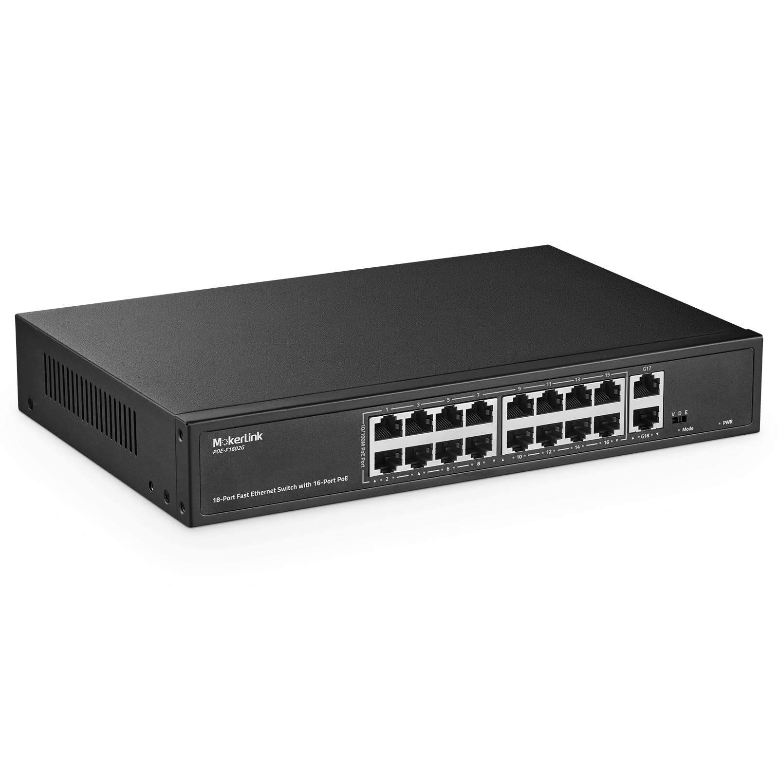 Mokerlink 16 Port Poe Switch, 2 Gigabit Uplink, 200W Ieee802.3Af/At, Vlan & Extend, Metal Rackmount Unmanaged Plug And Play Ethe