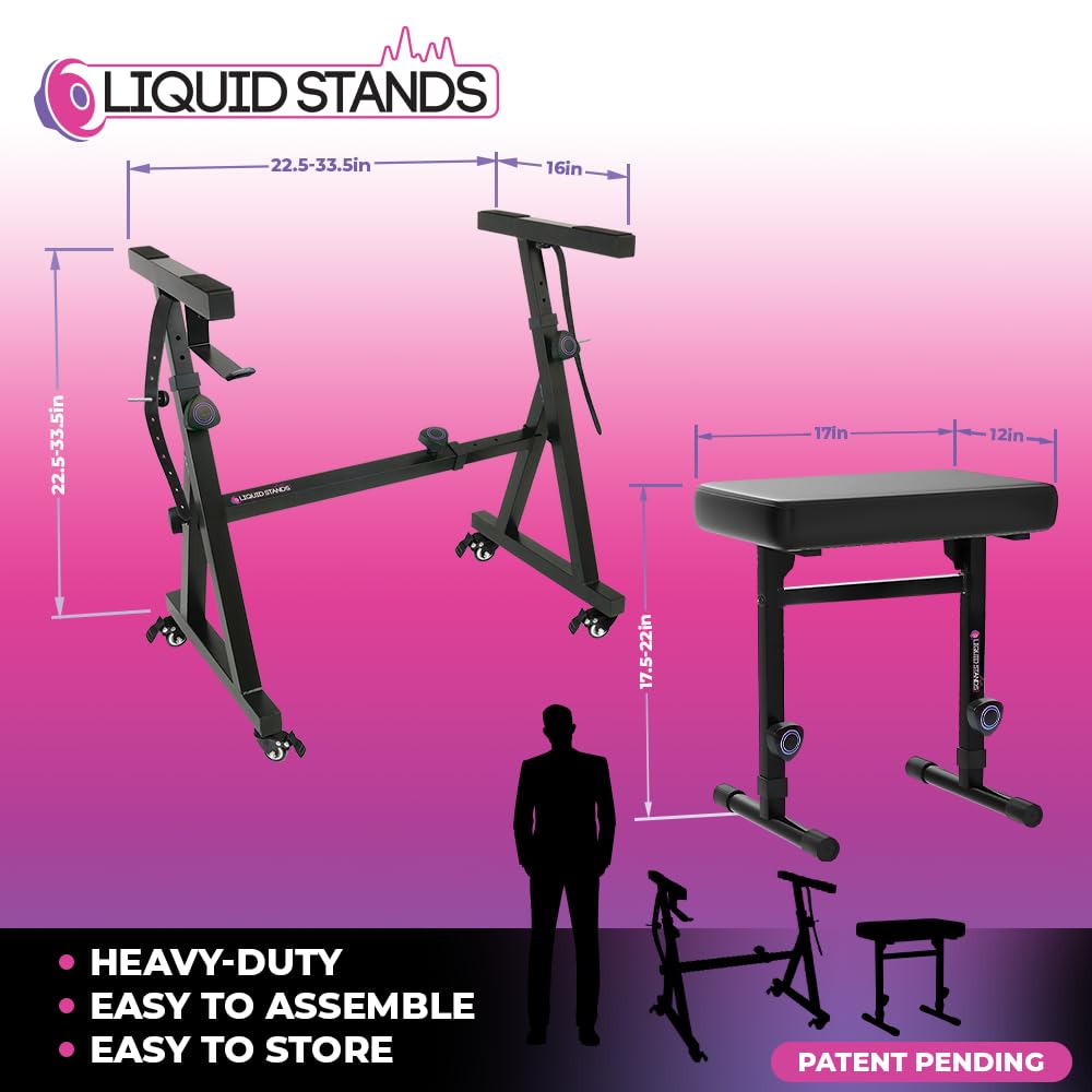 Liquid Stands Piano Keyboard Stand And Bench Set - Portable Heavy Duty Music Stand For 54-88 Key Electric Pianos And Adjustable