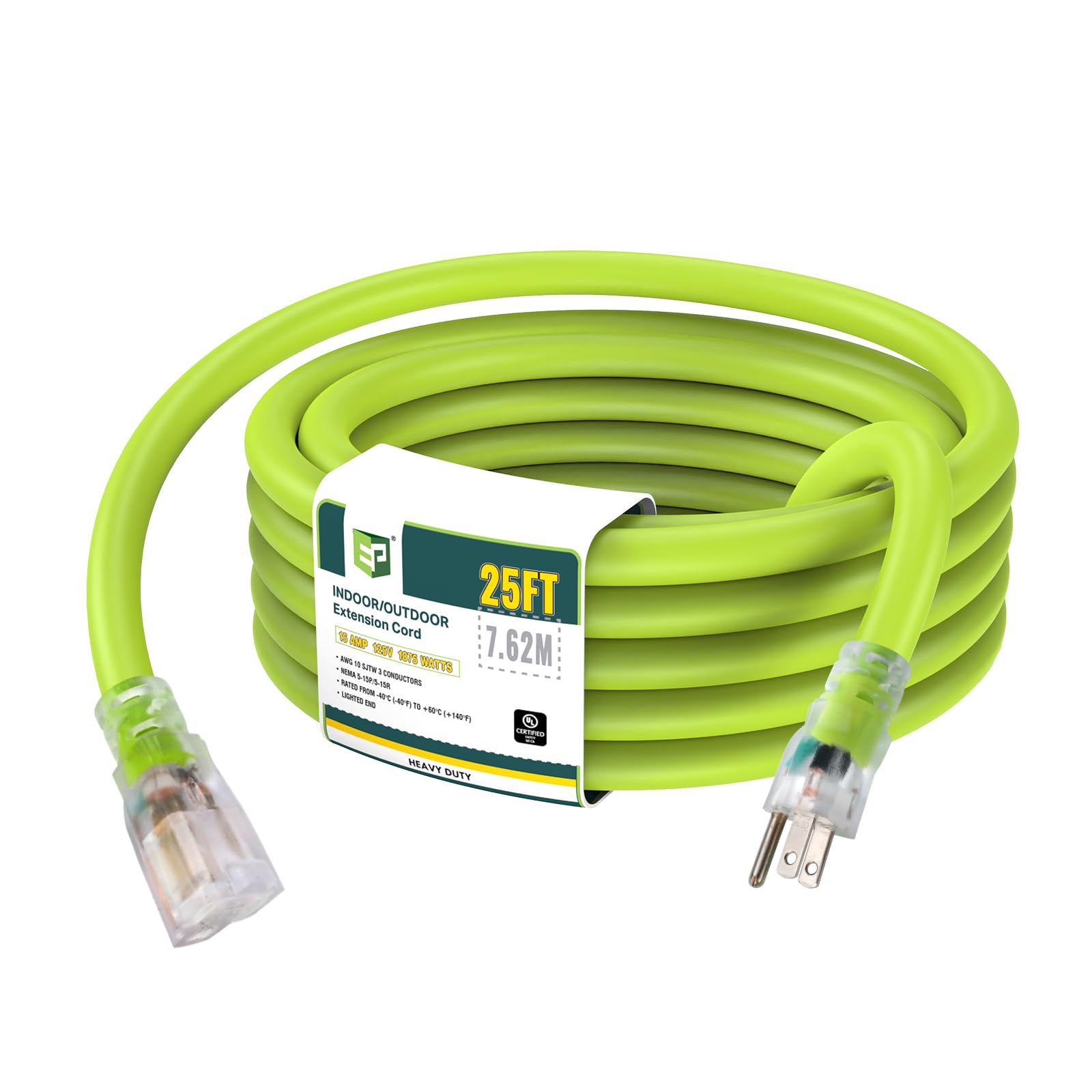 Ep 25 Ft Lighted Outdoor Extension Cord   10/3 Sjtw Heavy Duty Green Extension Cable With 3 Prong Grounded Plug For Safety, Ul L