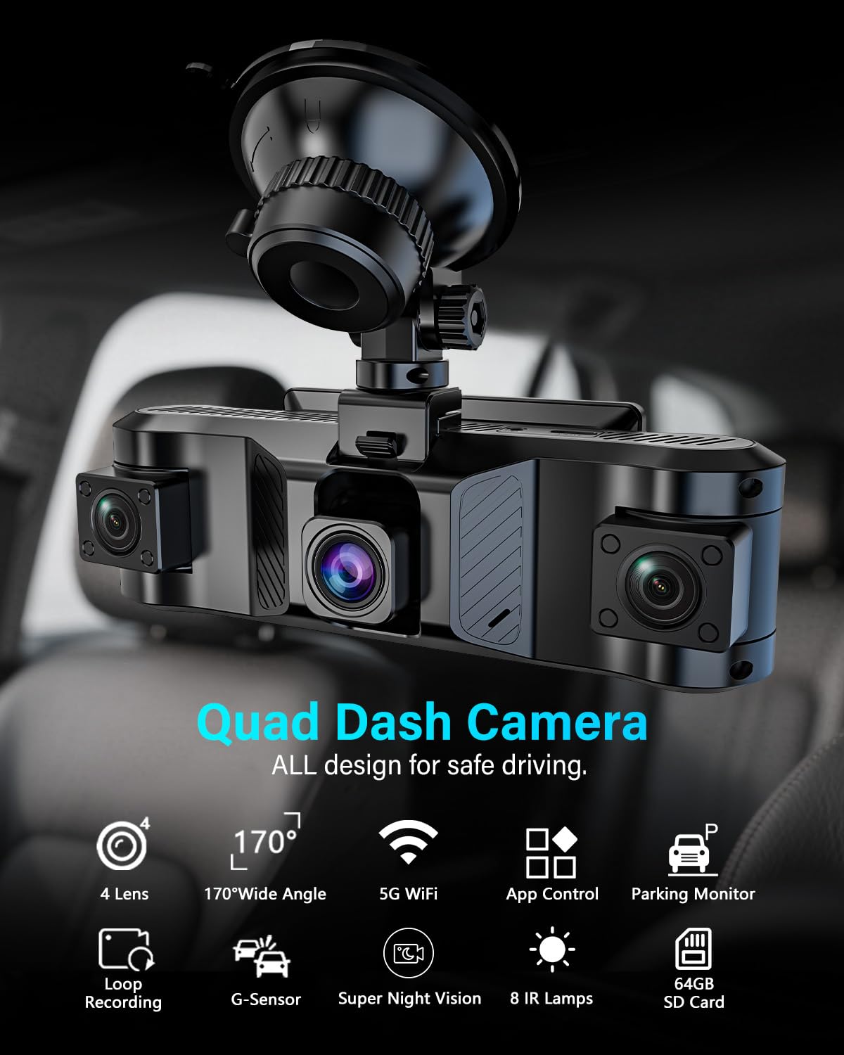 Dljzgc 4 Channel Dash Cam Front And Rear Inside Left Right, 360 Degree View Dash Camera For Cars, 1080P Dashcam, 5G Wifi Car Cam