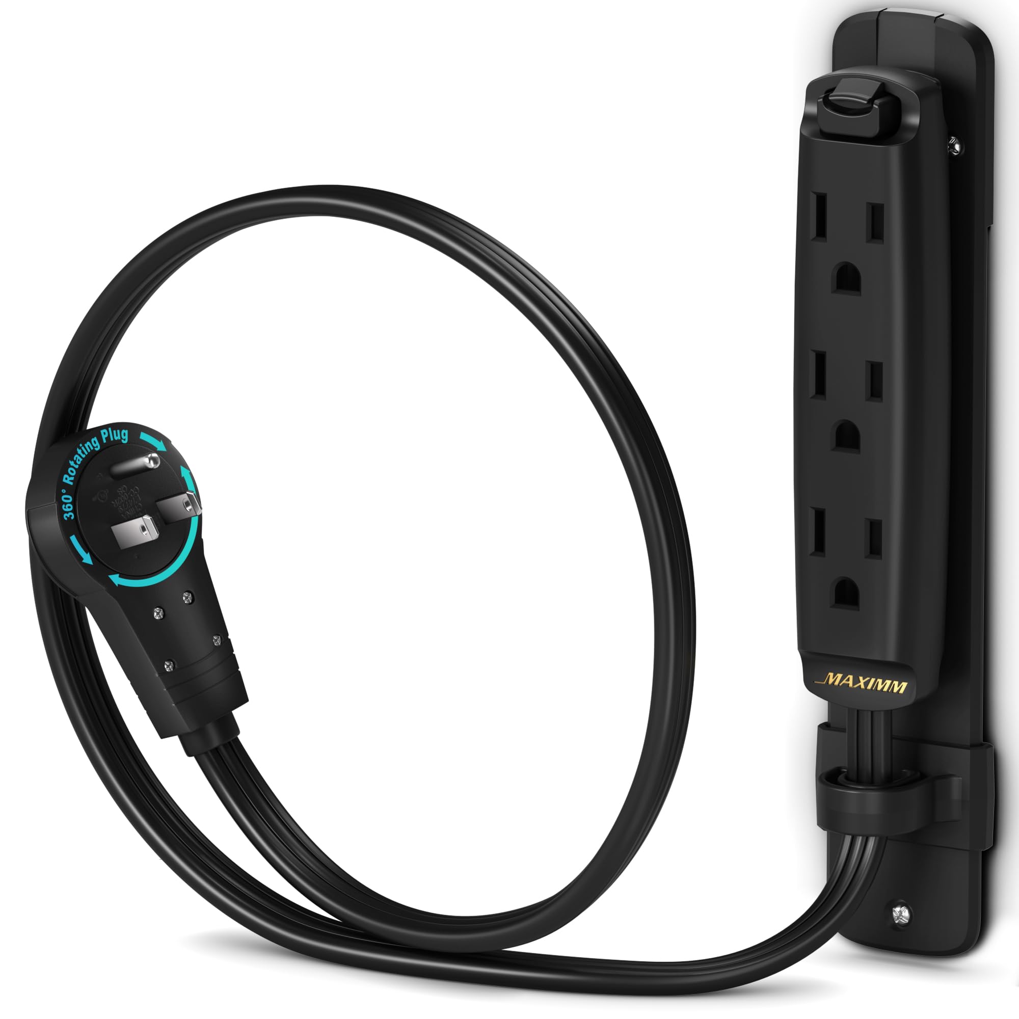 Maximm 360 Degree Rotating Flat Extension Cord 1 Ft Multi 3 Outlet Power Cord With Mounting Bracket, Grounded 16 Awg Ul Certifie