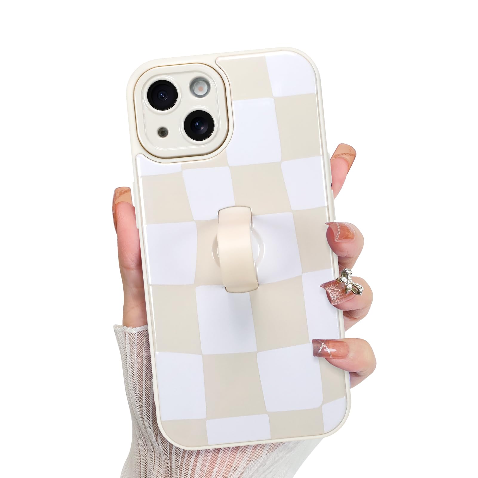 KANGHAR Compatible with iPhone 15 Case, Silicone Checkered Cute Pattern, Wristband Kickstand Camera Protection Soft Slim Cover f