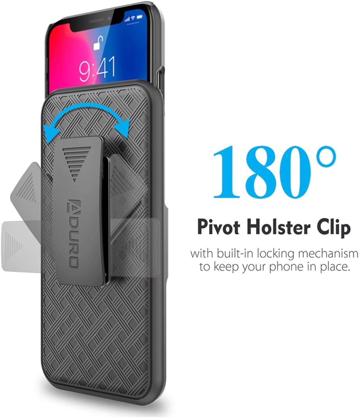 Aduro Combo Case & Holster for iPhone X/XS, Slim Shell & Swivel Belt Clip Holster, with Built in Kickstand for Apple iPhone