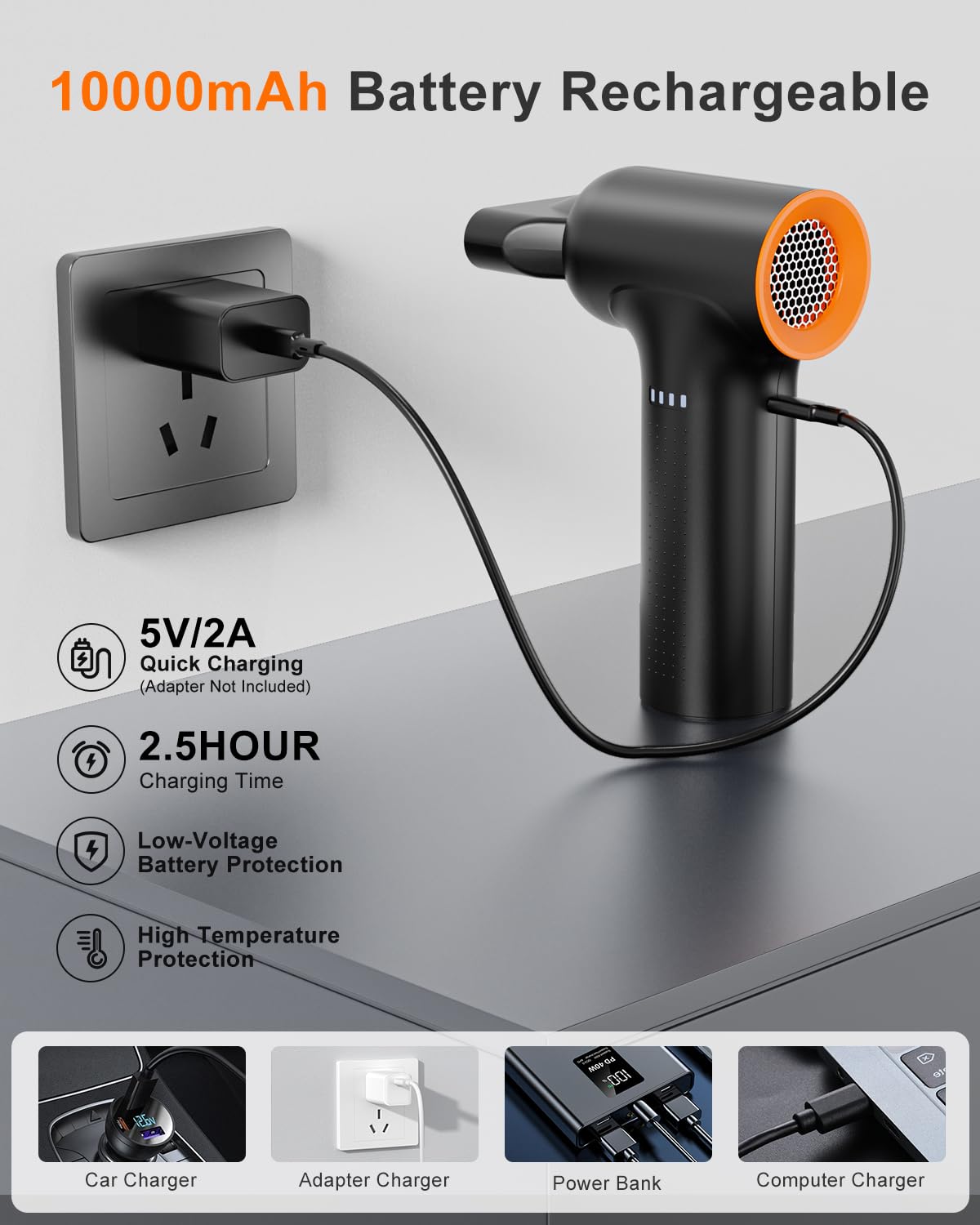 Yeahco Compressed Air Duster - High Speed 300000Rpm Electric Air Duster,120M/S 3 Gear 10000Mah Rechargeable Cordless Air Blower