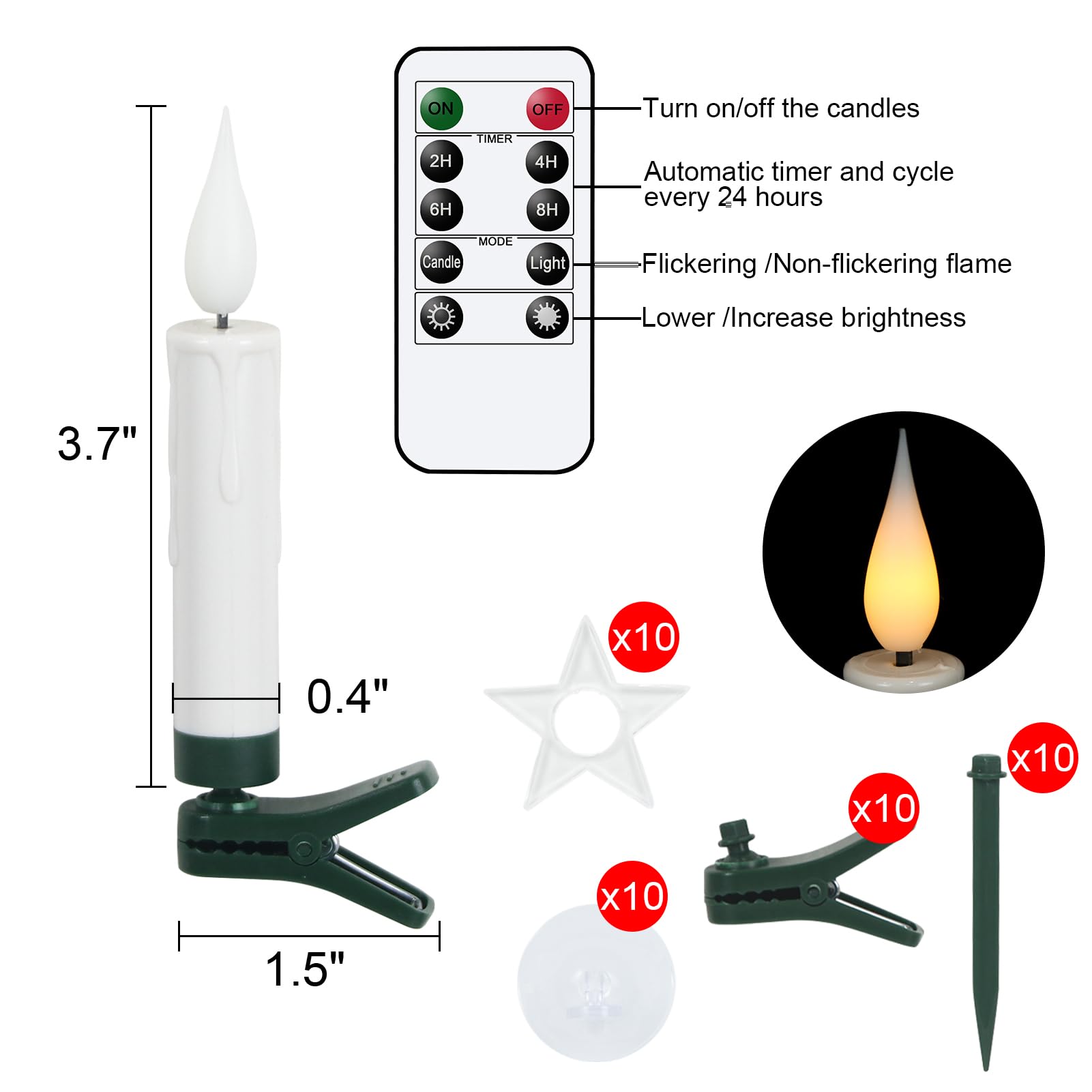 Dromance Christmas Tree Flameless Taper Candle Lights Battery Operated With 10 Key Remote And Timer, 10 Pack Plastic 3D Wick Fli