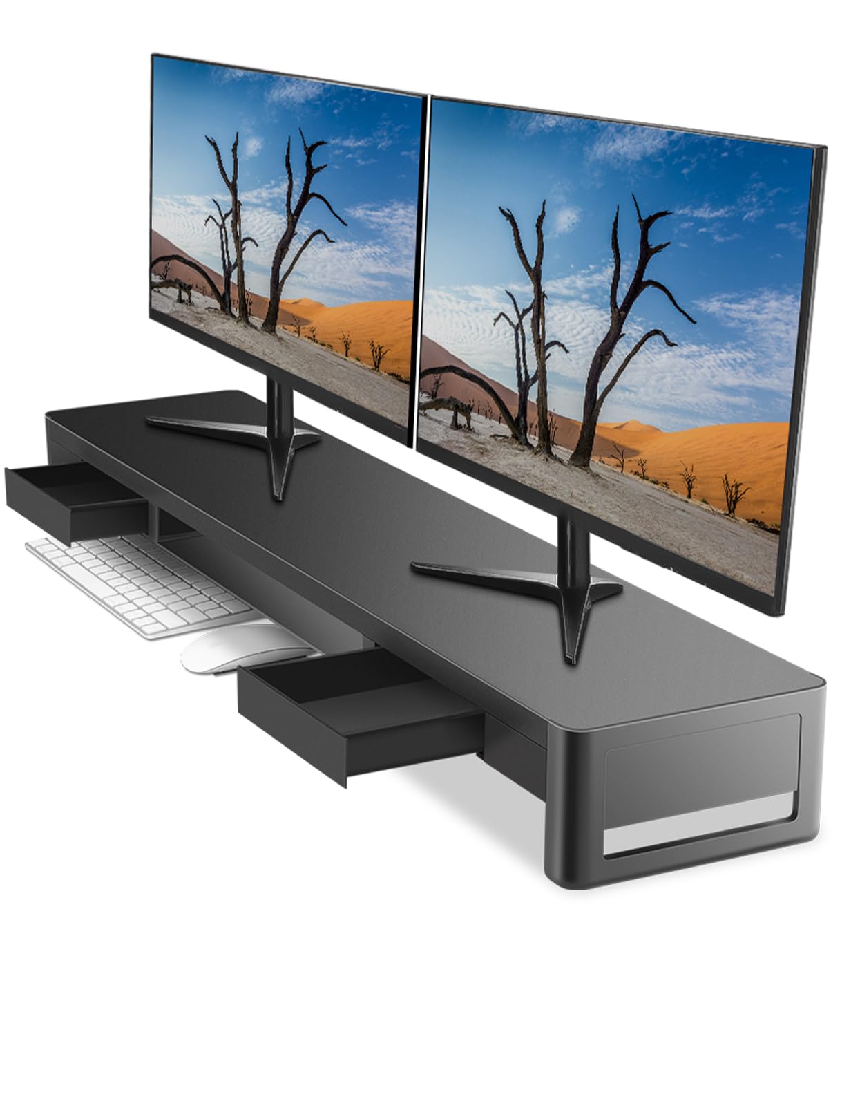 Meatanty Dual Monitor Stand Riser With 2 Storage Drawers, Metal Computer Monitor Stand Monitor Shelf With Pull Out Drawer, Keybo