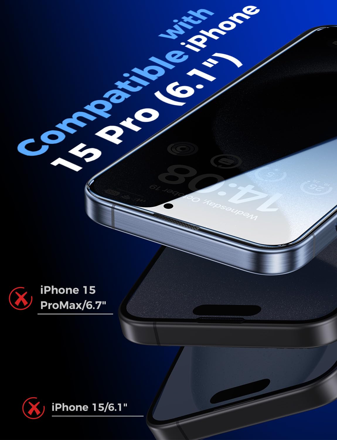 Magic John 2 Pack For Iphone 15 Pro (6.1 Inch) Privacy Glass Screen Protector, Anti-Spy Tempered Glass Film, Auto Dust-Eliminati