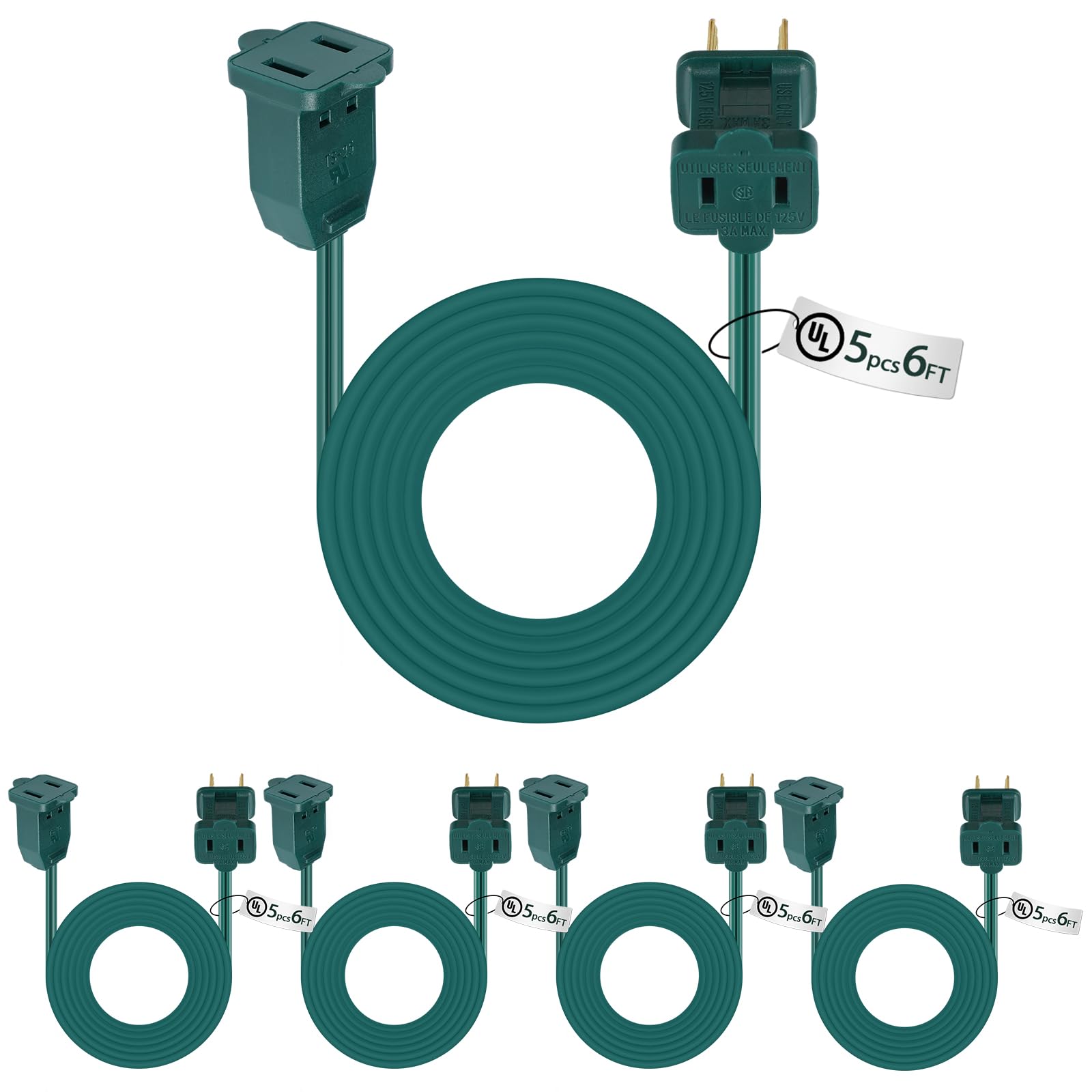 Kanayu 20 Pack 6 ft Green Indoor Extension Cord 2 Prong Electric Cord Extender, Wire Plug in and End, Ac 120 Volts, for Outdoor 