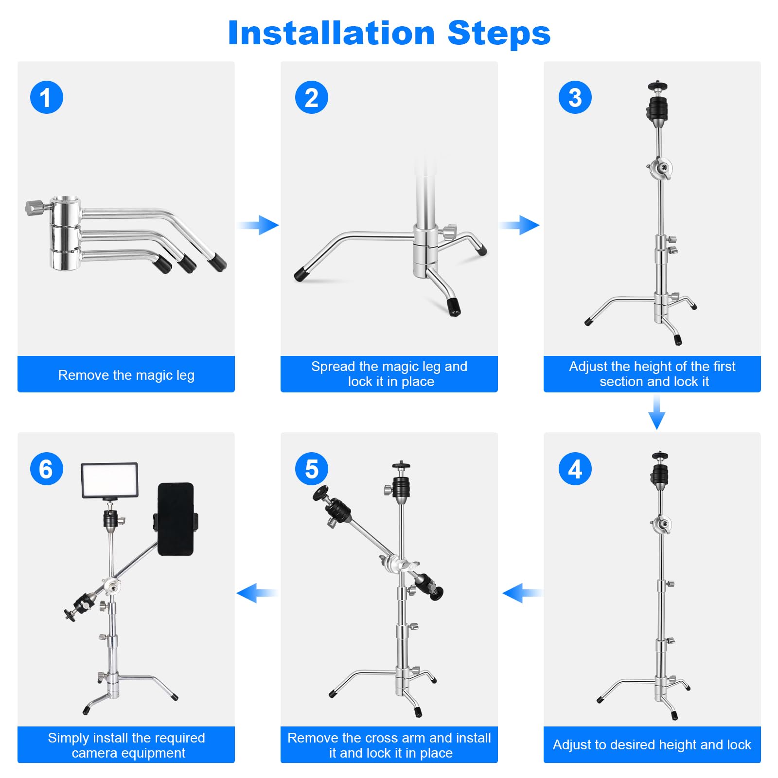 Supon 20' Mini Pocket C Stand, All Metal Adjustable Small 20.8' C Stand Short Tripod Stand With 13' Boom Arm Grip Head, 3 Ball Head, Sliding Leg For Camera, Smartphone, Light, Mic Photography   Silver