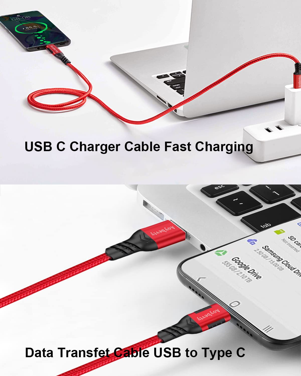 Aoybevty Usb A To Usb C Cable 3.3Ft+6.6Ft (Red), 10Gbps Data Transfer And 60W 3A Fast Charging Cable, Usb C 3.1/3.2 Cable For Sa