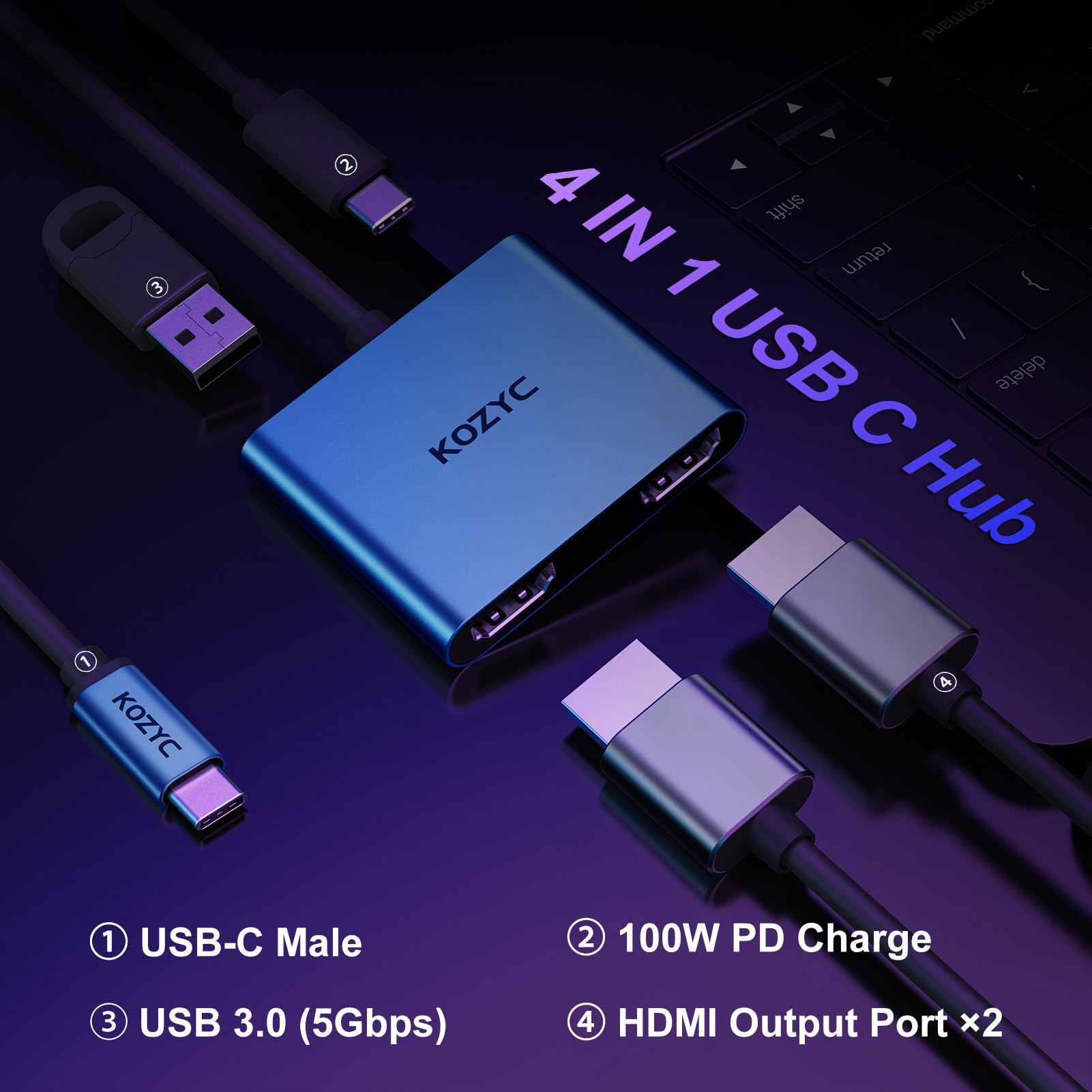 Kozyc Usb C To Dual Hdmi Adapter 4K@30Hz, Usb C Hub Multiport Adapter With 2Xhdmi, Usb 3.0, 100W Pd, Support Usb C To Hdmi Split