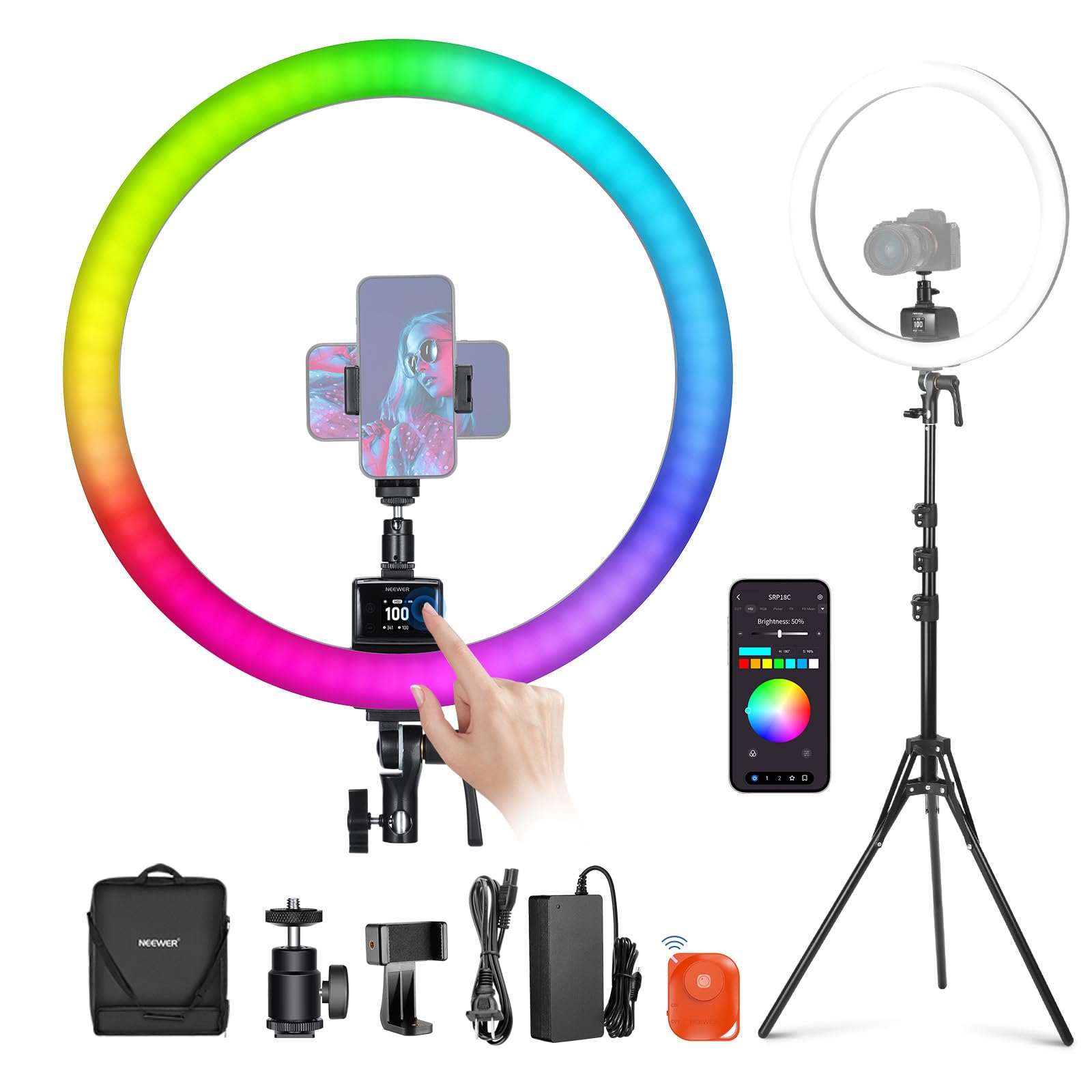 Neewer Srp18C Rgb Led Ring Light Kit, Ultra Slim App Control With Reversible Light Stand, Phone Holder, Ball Head, 2500K 10000K,
