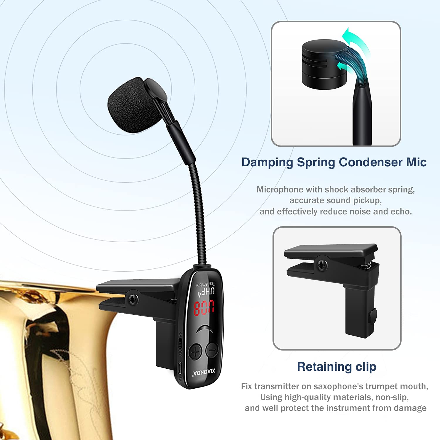 Xiaokoa Uhf Wireless Instruments Microphone,Saxophone Microphone,Wireless Receiver And Transmitter,160Ft Range,Plug And Play,Gre