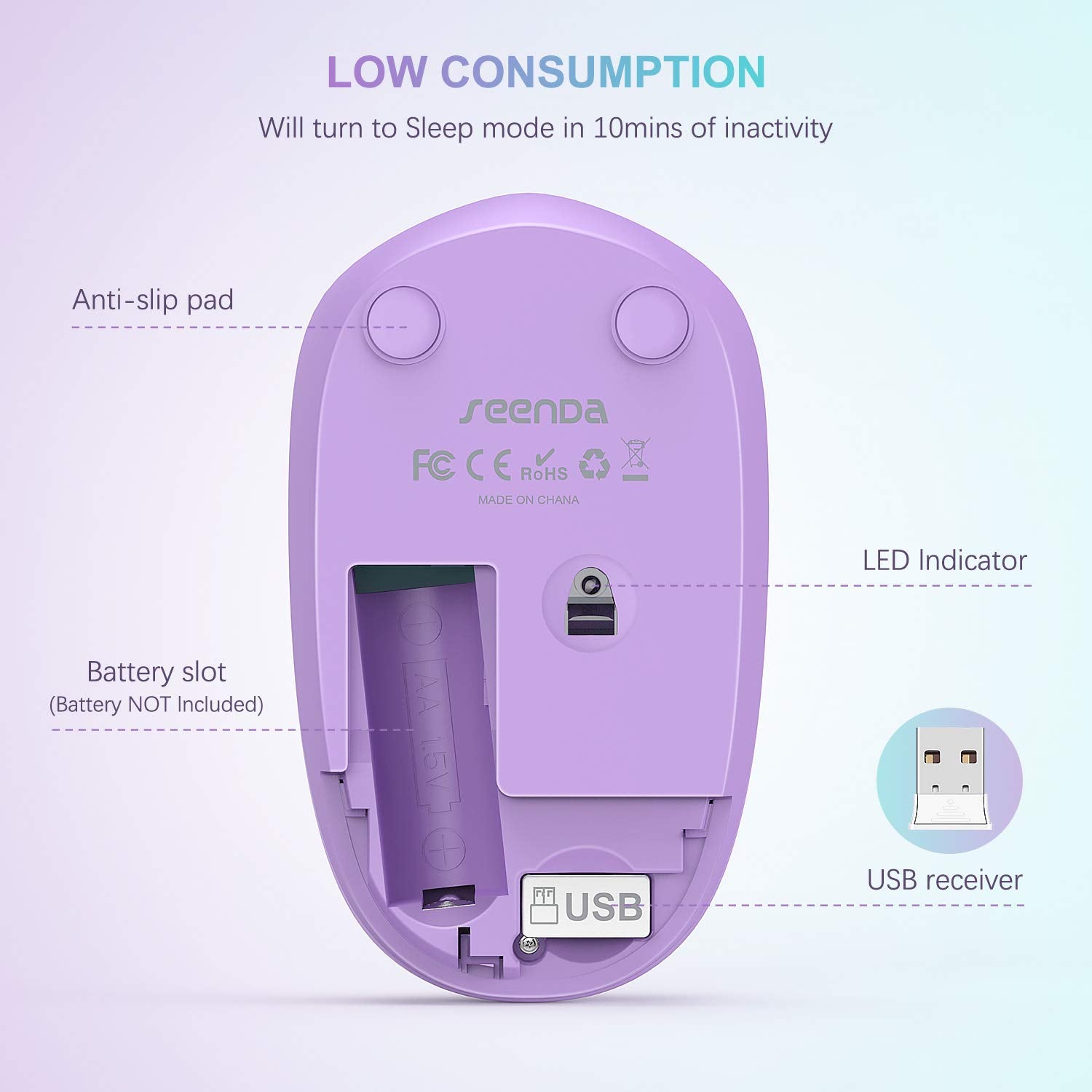 Seenda Wireless Mouse, 2.4G Noiseless Mouse With Usb Receiver Portable Computer Mice For Pc, Tablet, Laptop   Mint Green&Purple