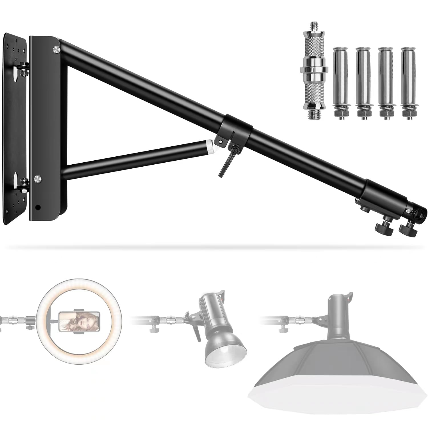 Wall Mounting Triangle Boom Arm For Ring Light: Max 51Inch, 180 Flexible Rotation, Save Space, Adjustable Camera Mount Up To 4.2