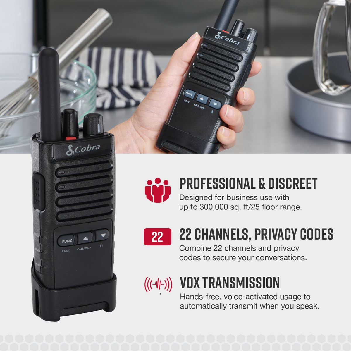 Cobra Px652 Professional Walkie Talkies   Rechargeable, 22 Channels, 300,000 Sq. Ft/25 Floor Range, Dust Protected & Splashproof (Ip54 Rating), Headsets And Chargers Included (2 Pack)