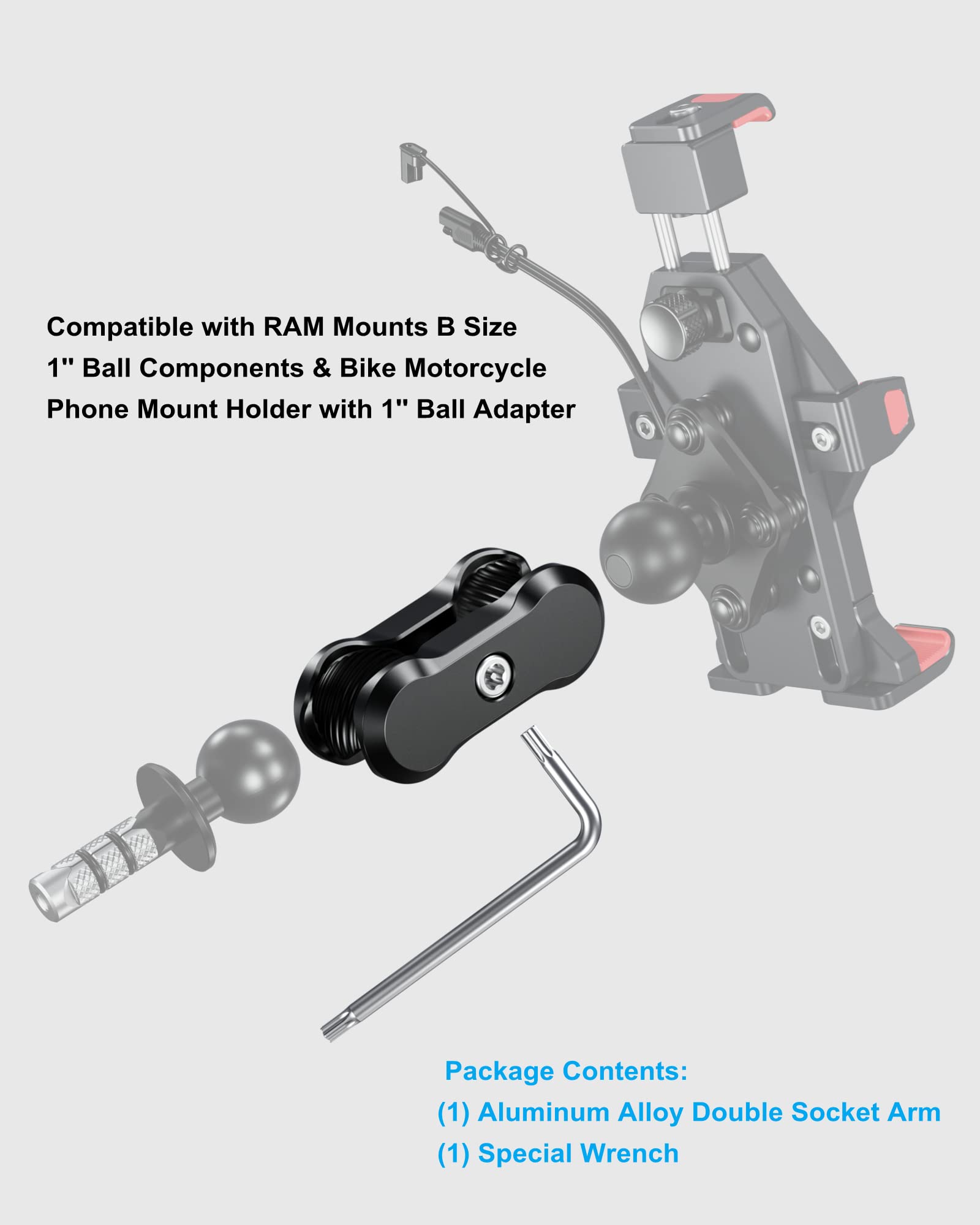 Brcovan Aluminum Alloy Anti Theft Double Socket Arm Compatible With Ram Mounts B Size 1'' Ball Components & Bike Motorcycle Phone Mount Holder With 1'' Ball Adapter