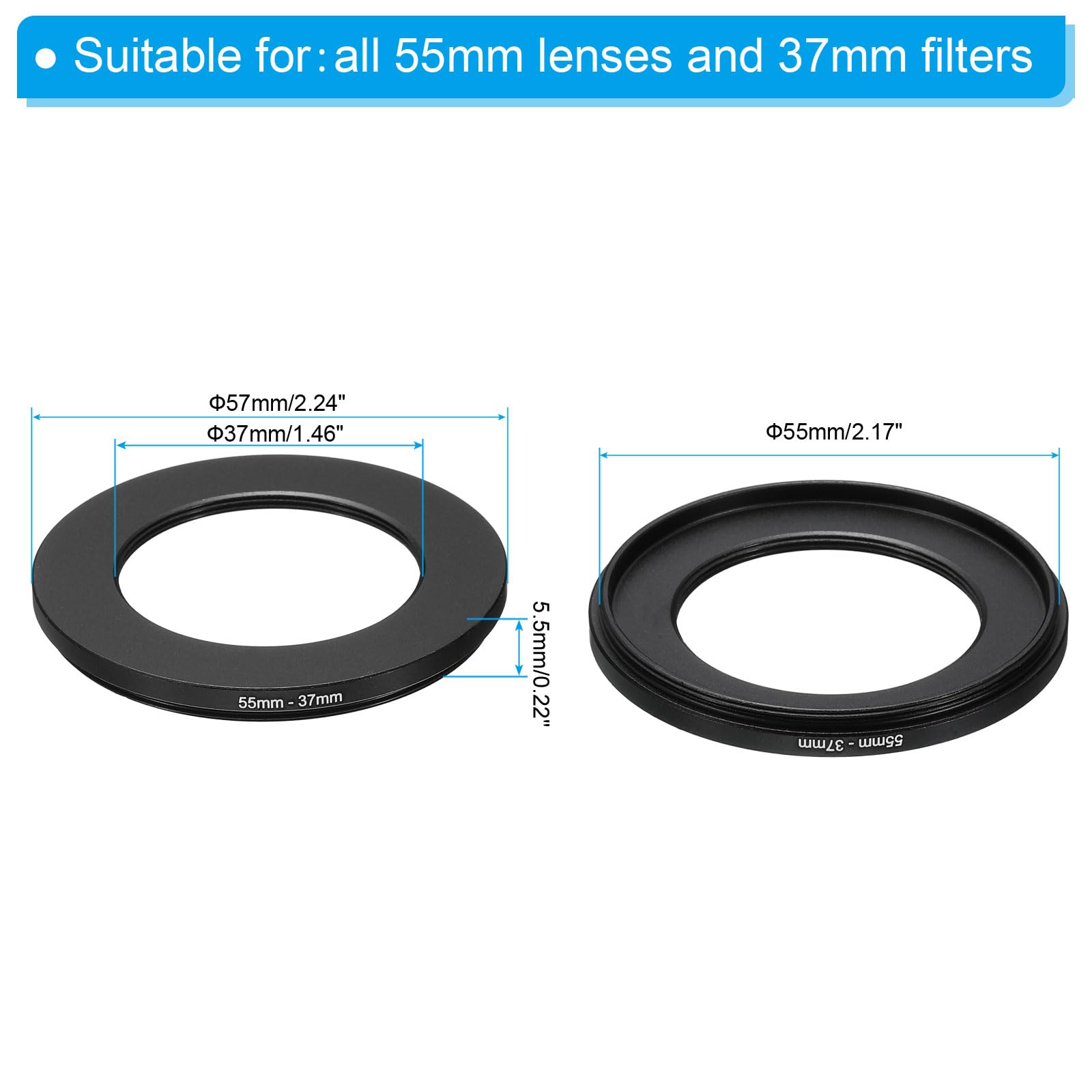 Patikil 55Mm 37Mm Metal Step Down Ring, Camera Lens Filter Adapter Ring Aluminum Filter Adapter Ring For Camera Lenses Hood, Bla