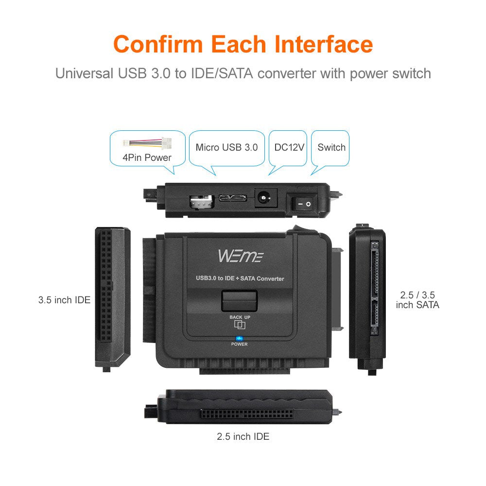 Weme Usb 3.0 To Sata/Ide Adapter With Universal 2.5/3.5 Hard Drive Disk Converter For Hdd/Ssd & Ide Hdd Support 6Tb And One-Touc