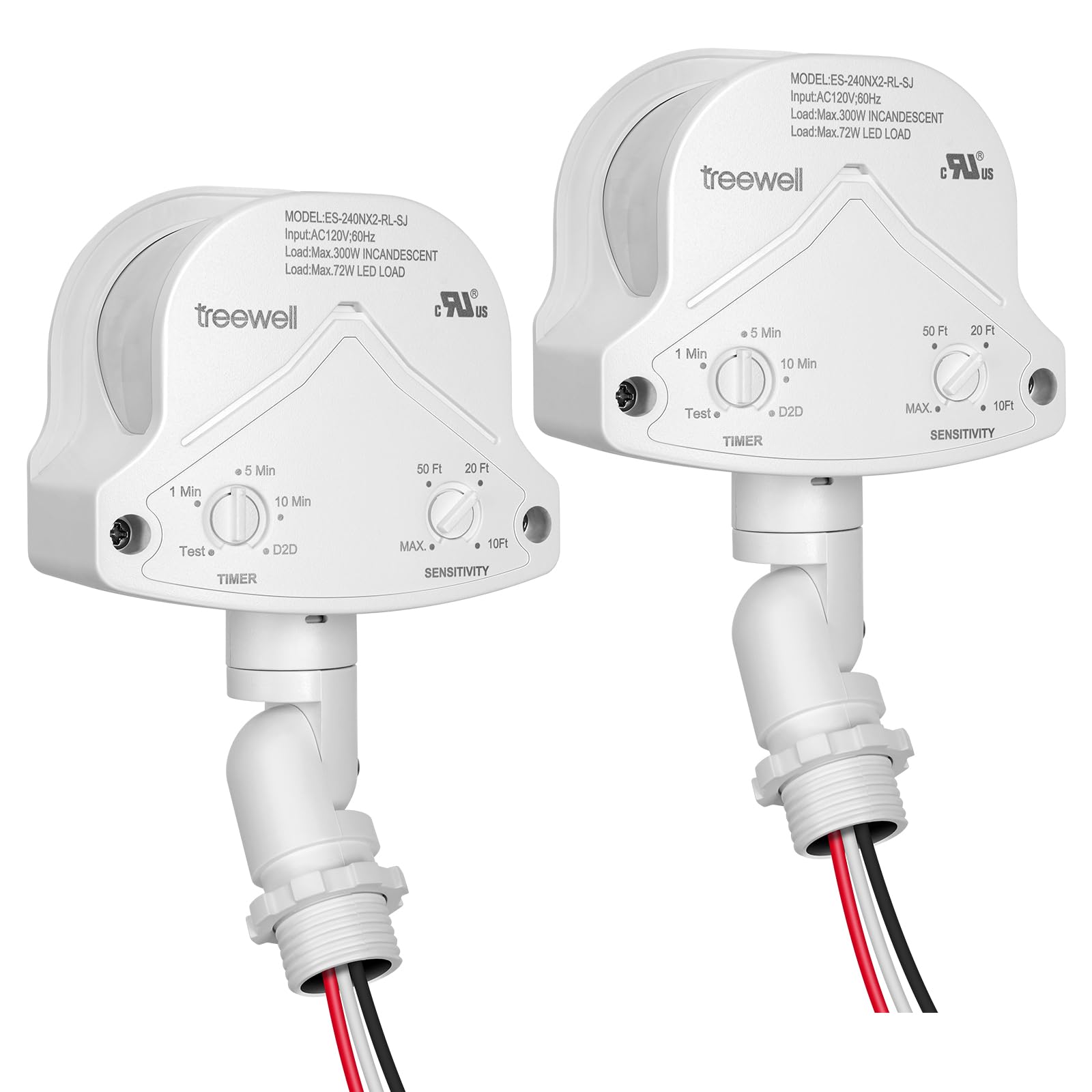 Treewell 2 Pack 240 Degree Replacement Motion Detector, Adjustable Delay Time & Detection Sensitivity Up To 60 Feet Range, 3 Wor