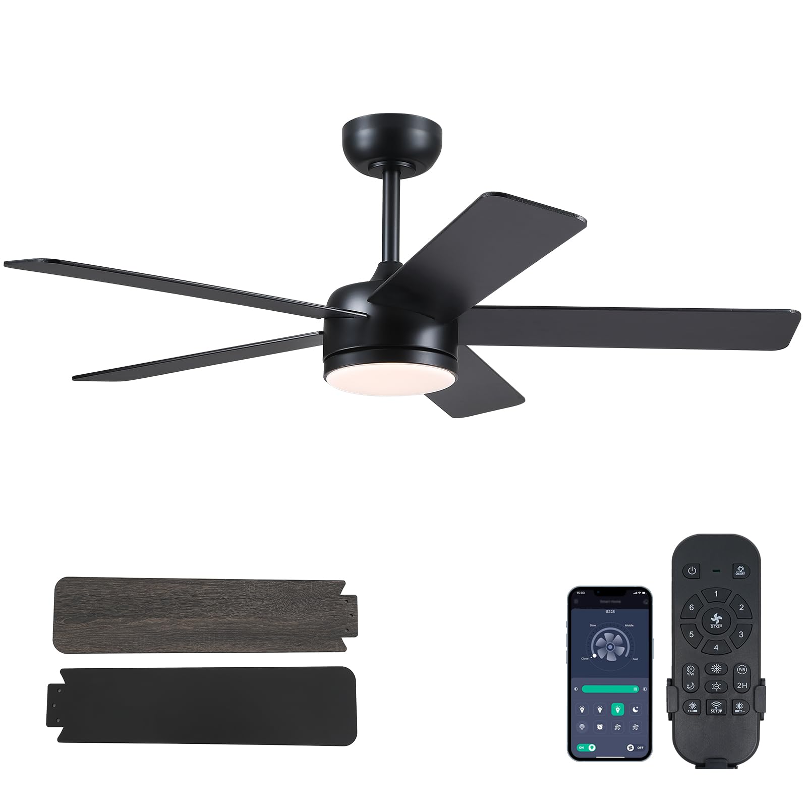 Chesur 46'' Black Ceiling Fans With Lights   Low Profile Ceiling Fan With Lights And Remote/App, 5 Dual Sided Blades, Reversible