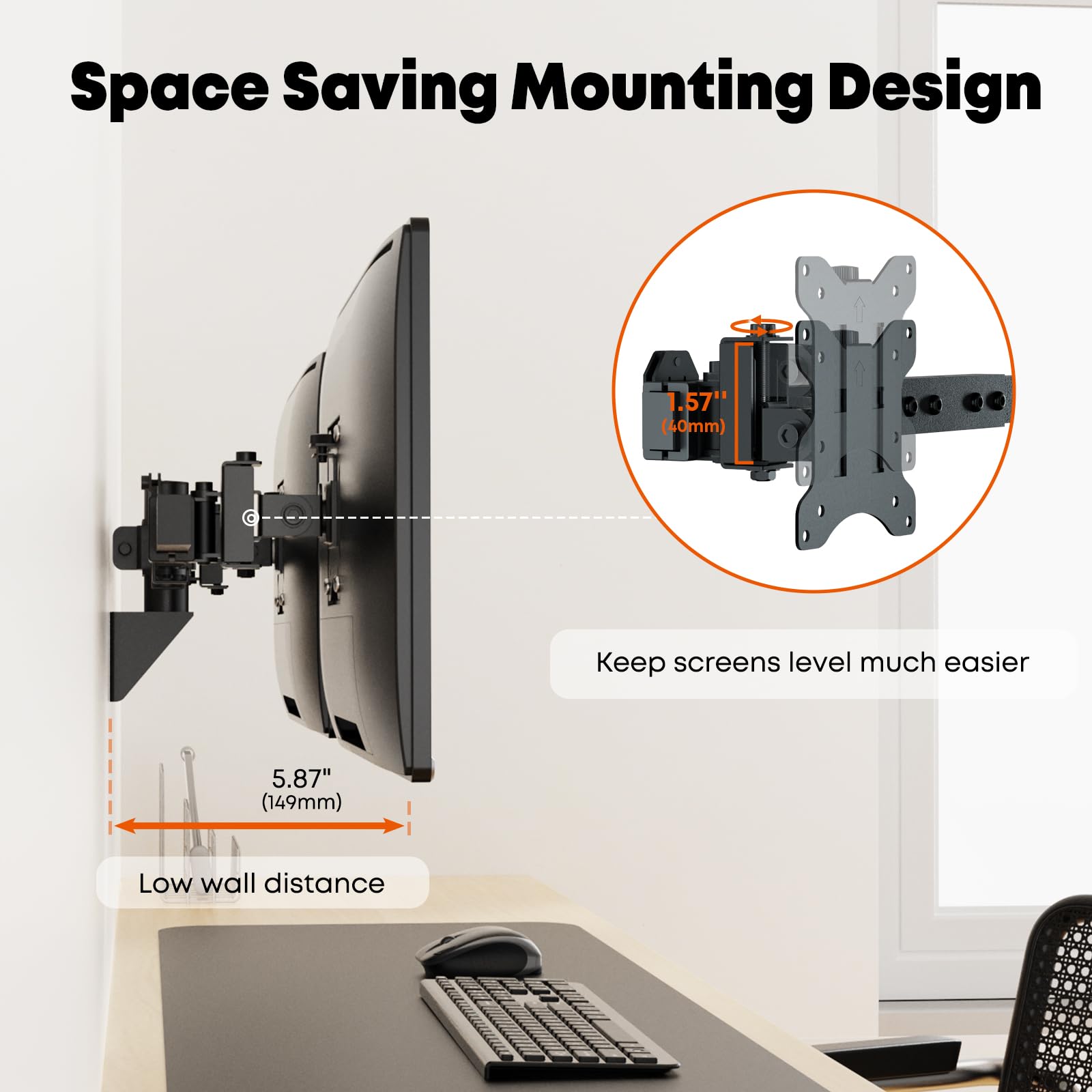 Dual Monitor Wall Mount For 24-38-Inch - Ultrawide Dual Wall Mount Monitor Arm, Flush Wall Setup, Max Load 22Lbs Per Monitor, Ve