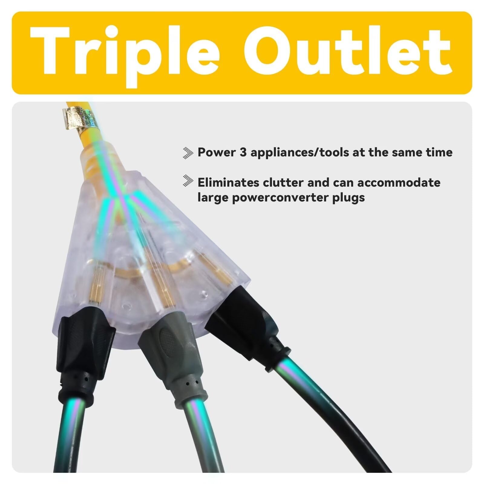 Ep 10 Ft 12 Gauge Heavy Duty Extension Cord, 15A 125V 1875W, 3 Outlet Indoor/Outdoor Power Cord With Lighted End, 12/3 Sjtw Weat