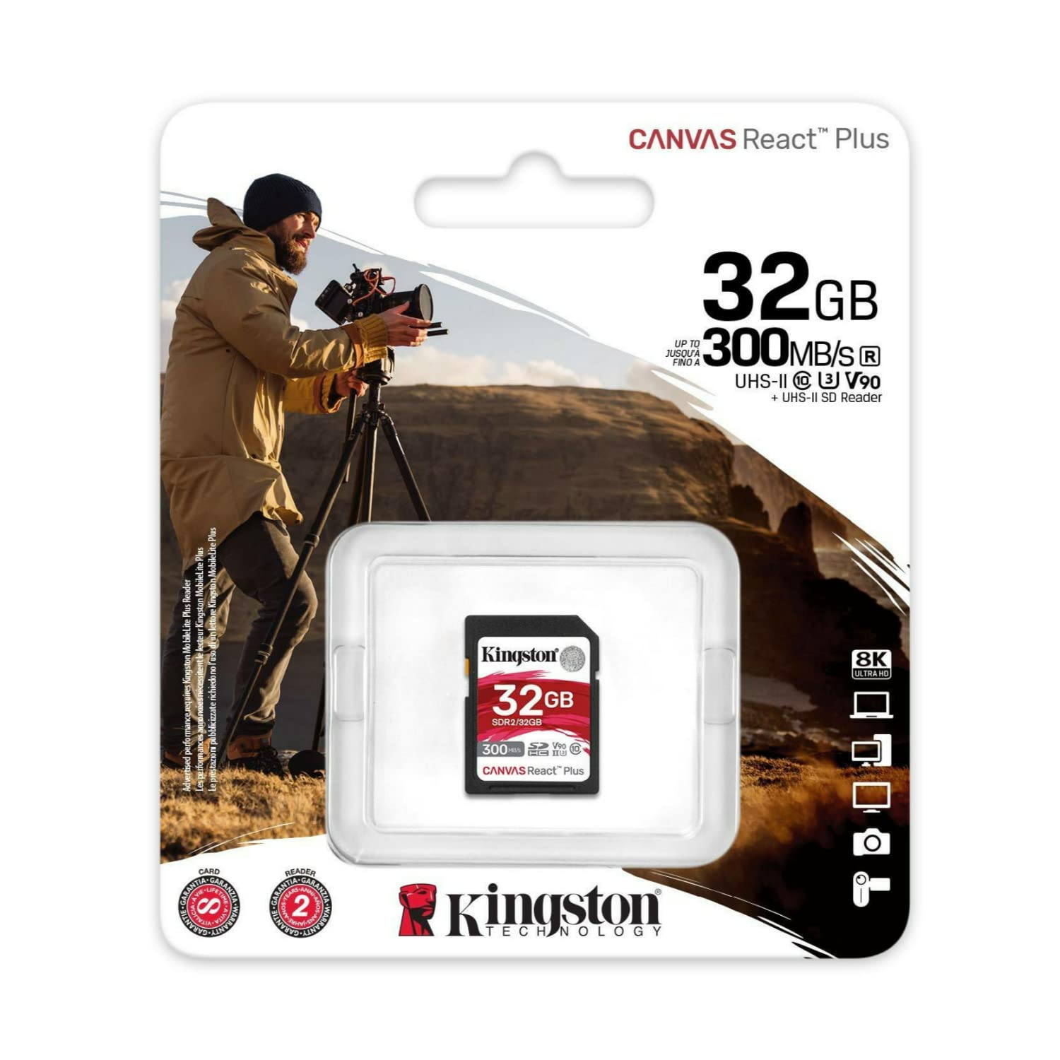 Kingston Canvas React Plus 32Gb Sd Card | Sdhc Uhs Ii | 300R/260W U3 V90 | Full Hd/4K/8K | Sdr2/32Gb