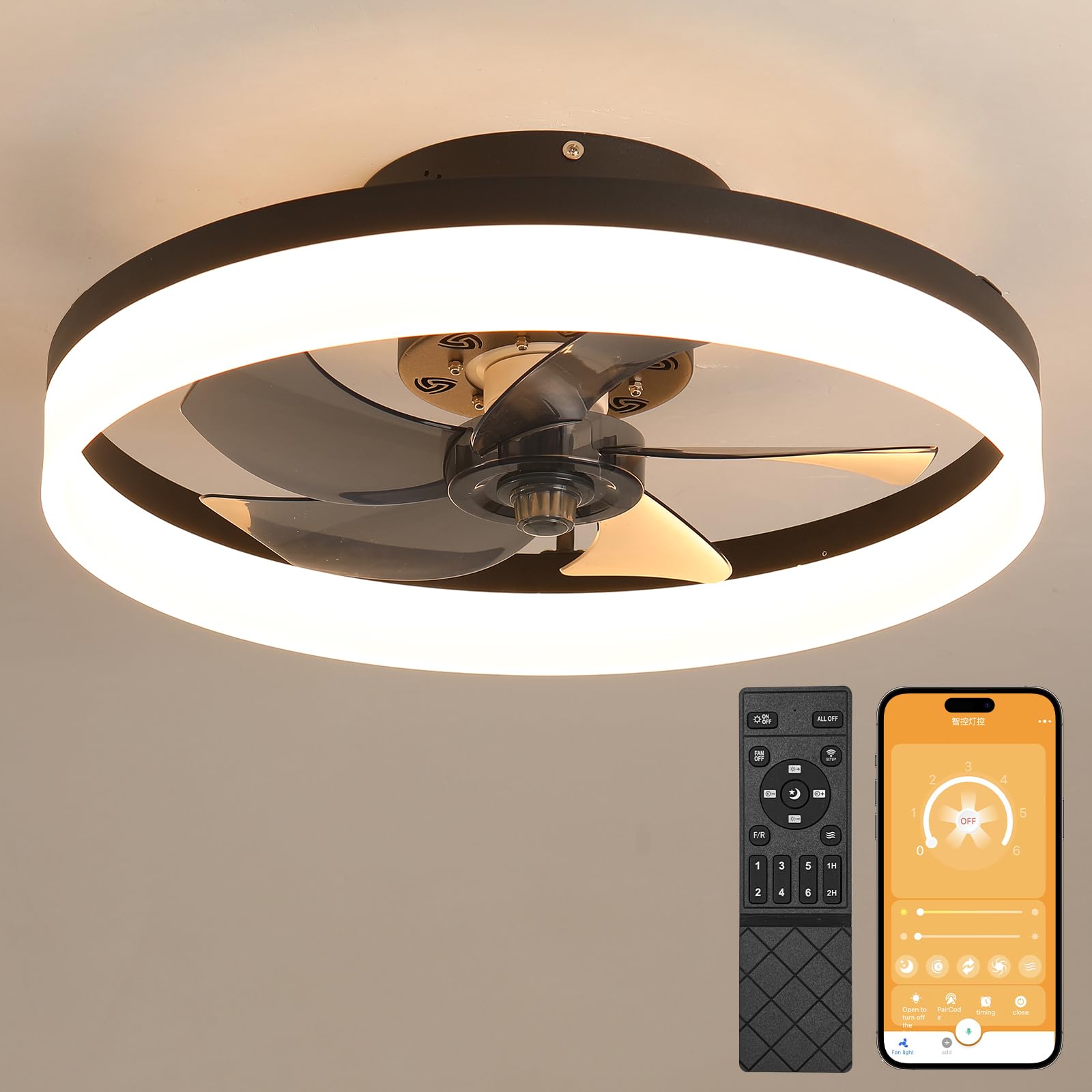 19.6'' Ceiling Fans With Lights, Semi Enclosed Flush Mount Low Profile Ceiling Fan For Safe Use, 6 Speeds, Reversible, Led Dimma