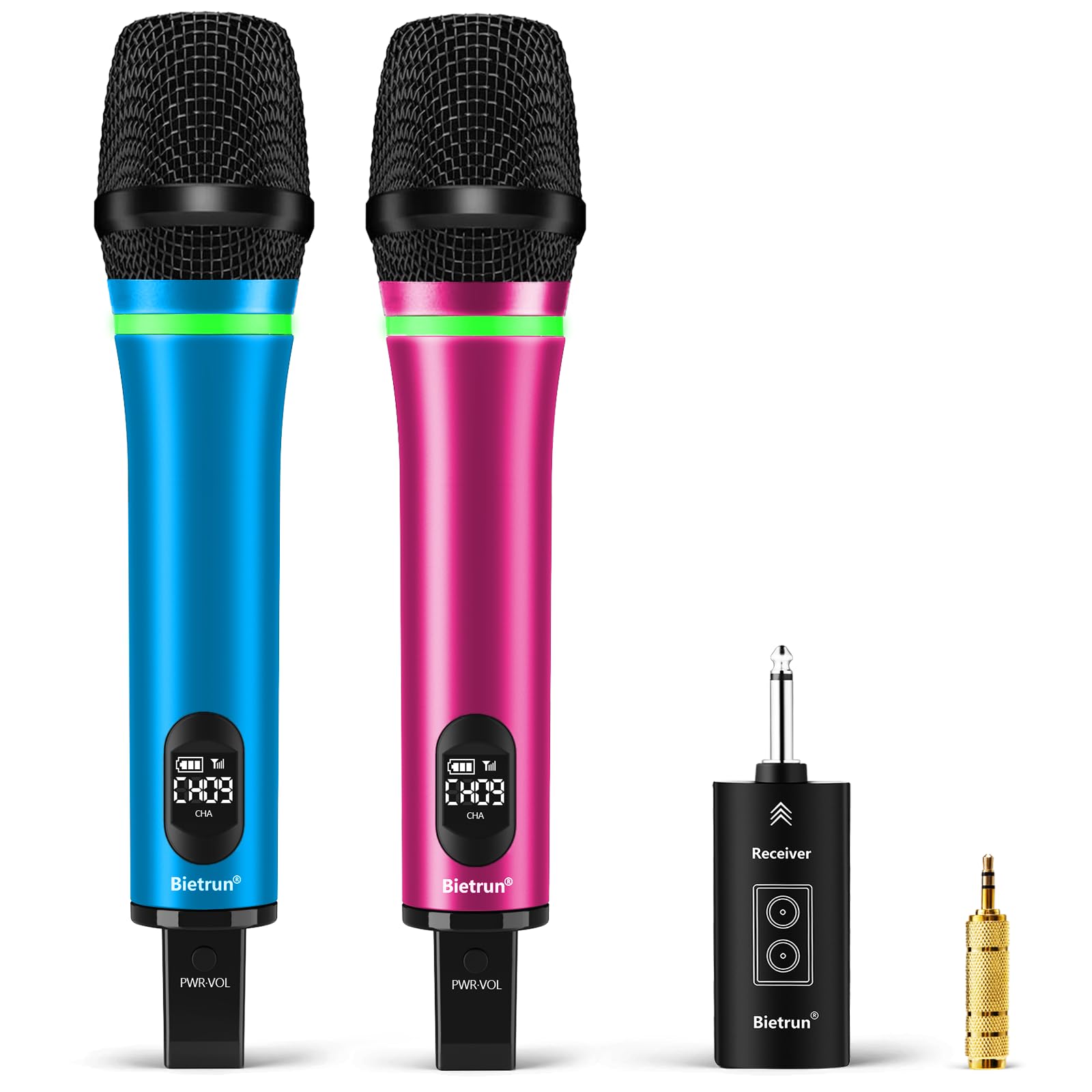 Bietrun Rechargeable Wireless Microphone, Dual Metal Cordless Handheld Dynamic Wireless Mics With Bluetooth, Uhf 240Ft Range, Fo