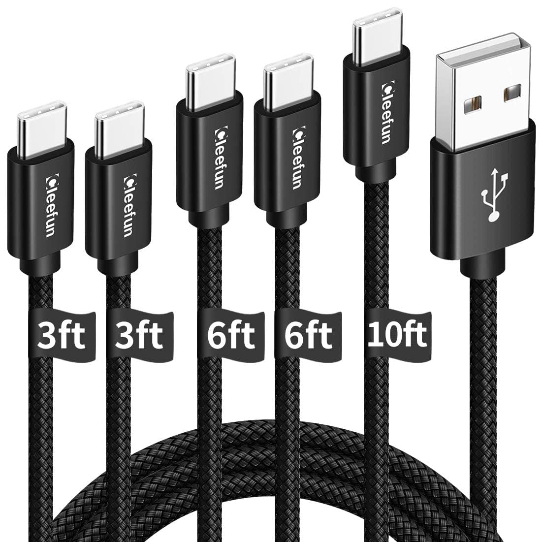 Cleefun Usb C Cable, Usb To Usb C Cable Braided, [5 Pack, 3/3/6/6/10 Ft] Type C Charger Fast Charging Cable For Iphone 15 Pro Max/Pro/Plus, For Samsung Galaxy S24 S23 S22 S21 S20 Ultra S10, Moto,Pixel