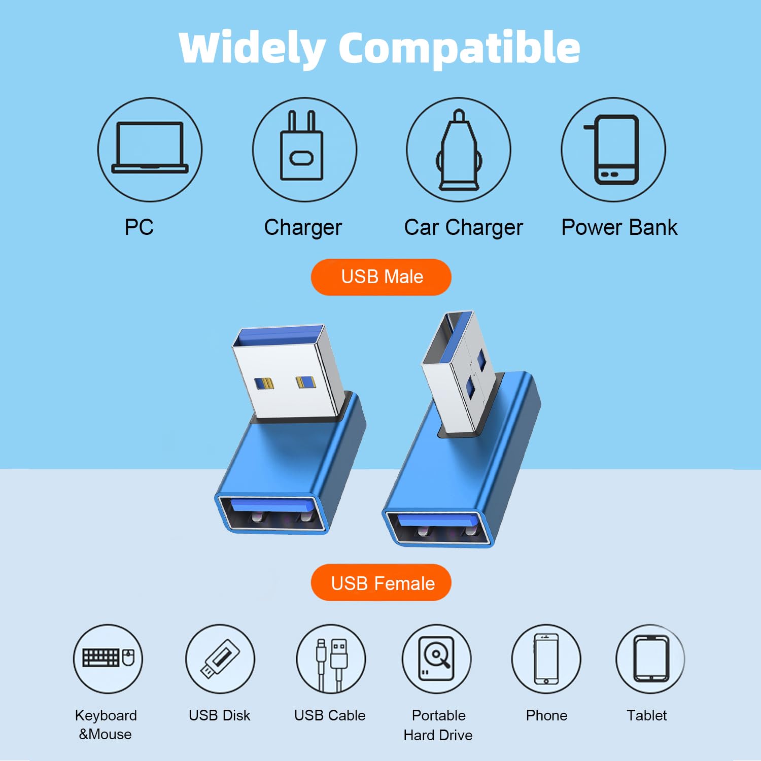 Areme 90 Degree Usb 3.0 Adapter 4 Pack, Up And Down Angle, Left And Right Angle Usb A Male To Female Converter Extender For Pc, Laptop, Usb A Charger, Power Bank And More (Blue)