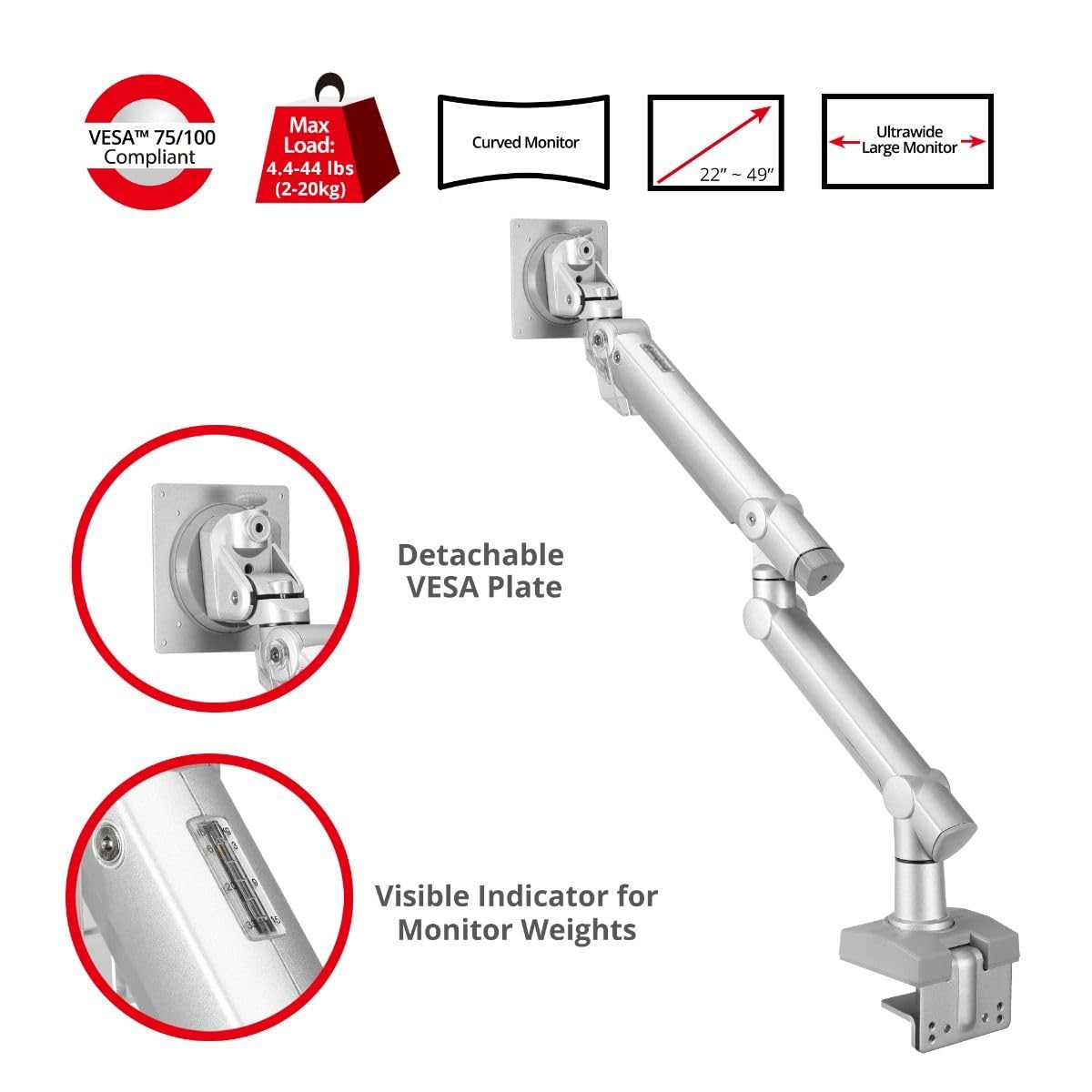 Siig Single 49'' Monitor Arm|Heavy Duty Single Monitor Arm Desk Mount For 22  49  Monitor Top Mount Cclamp Load The Weight Betwe