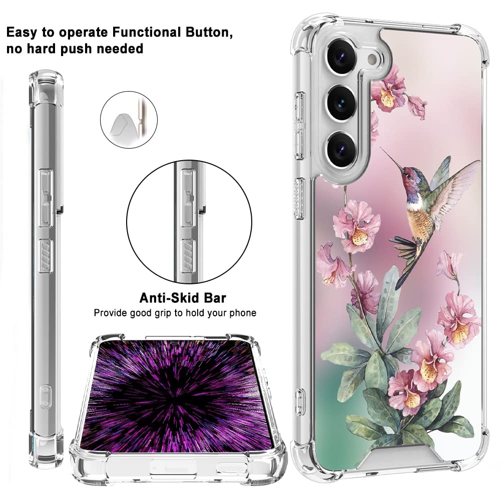 OOK Phone Case Compatible Samsung Galaxy S23 Plus 5G Pink Hummingbird Pattern Flexible TPU Shockproof Anti-Scratch with Ring Kickstand