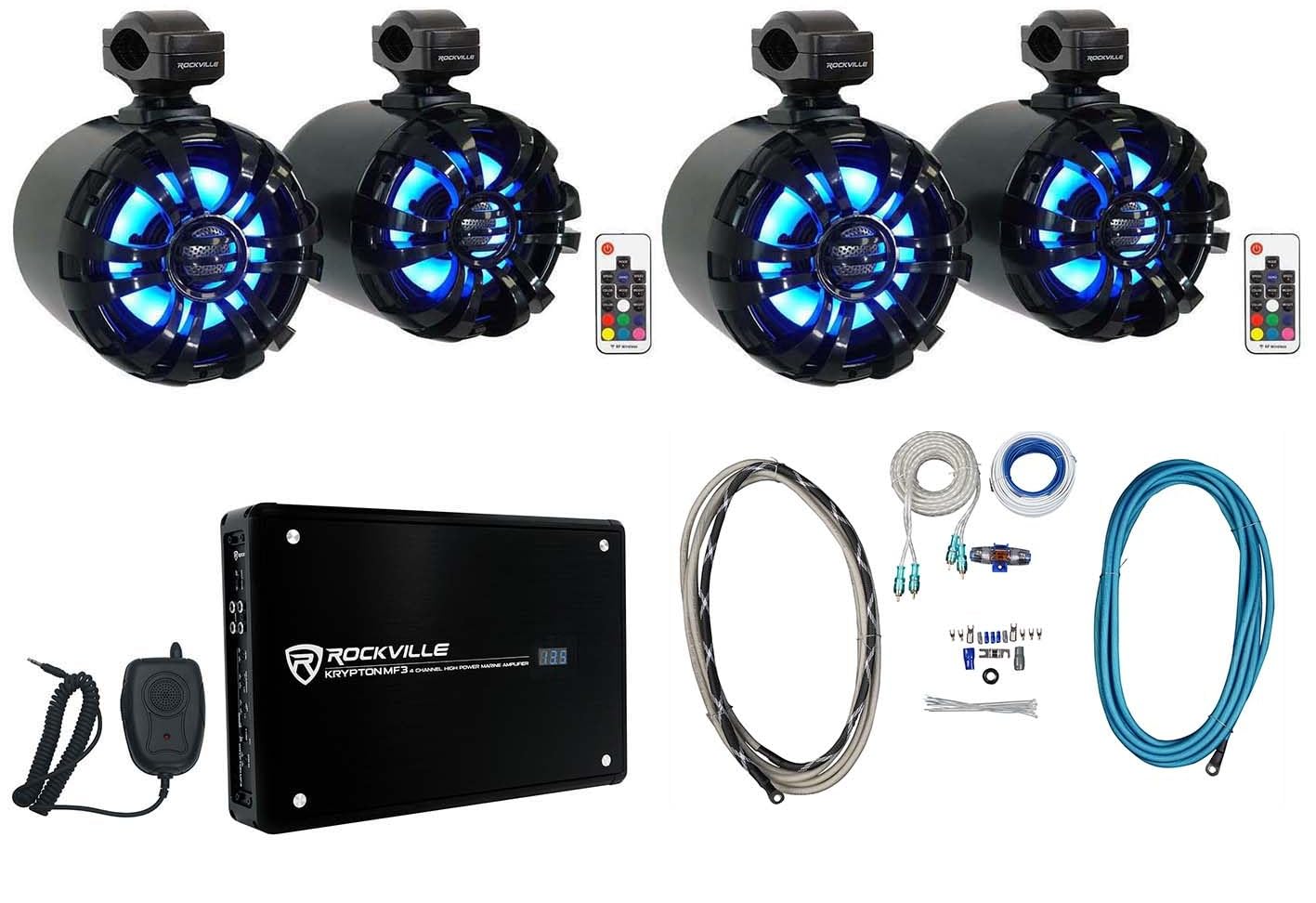 Rockville WB65KLED Bundle: (4) 6.5 in 600W Black Wakeboard LED Tower Speakers, Krypton MF3 1600W Peak/400W RMS 4 Channel Marine