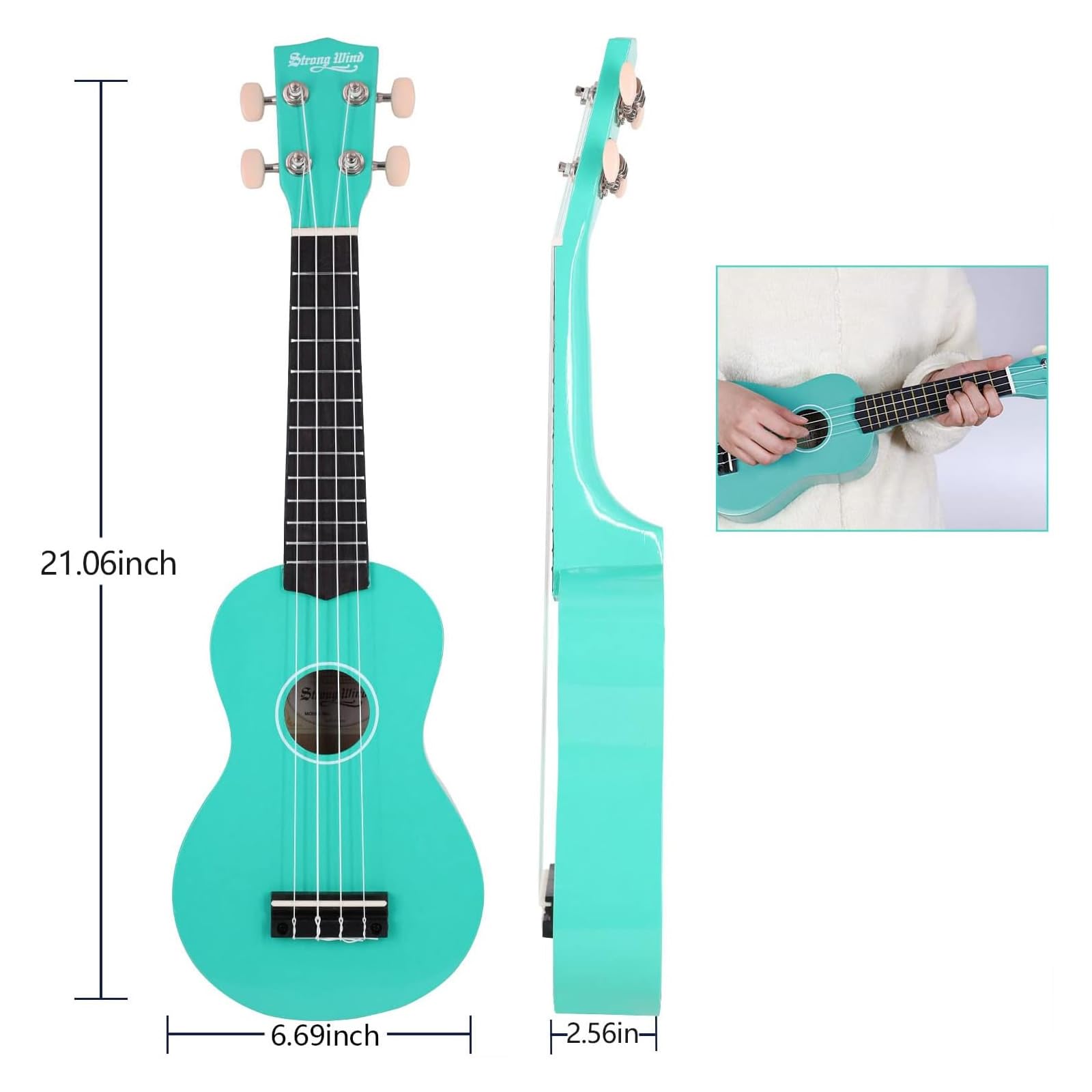 Strong Wind 21 Inch Soprano Ukulele for Beginners, Light Blue, Model SWUK21-30, Basswood, Includes Gig Bag